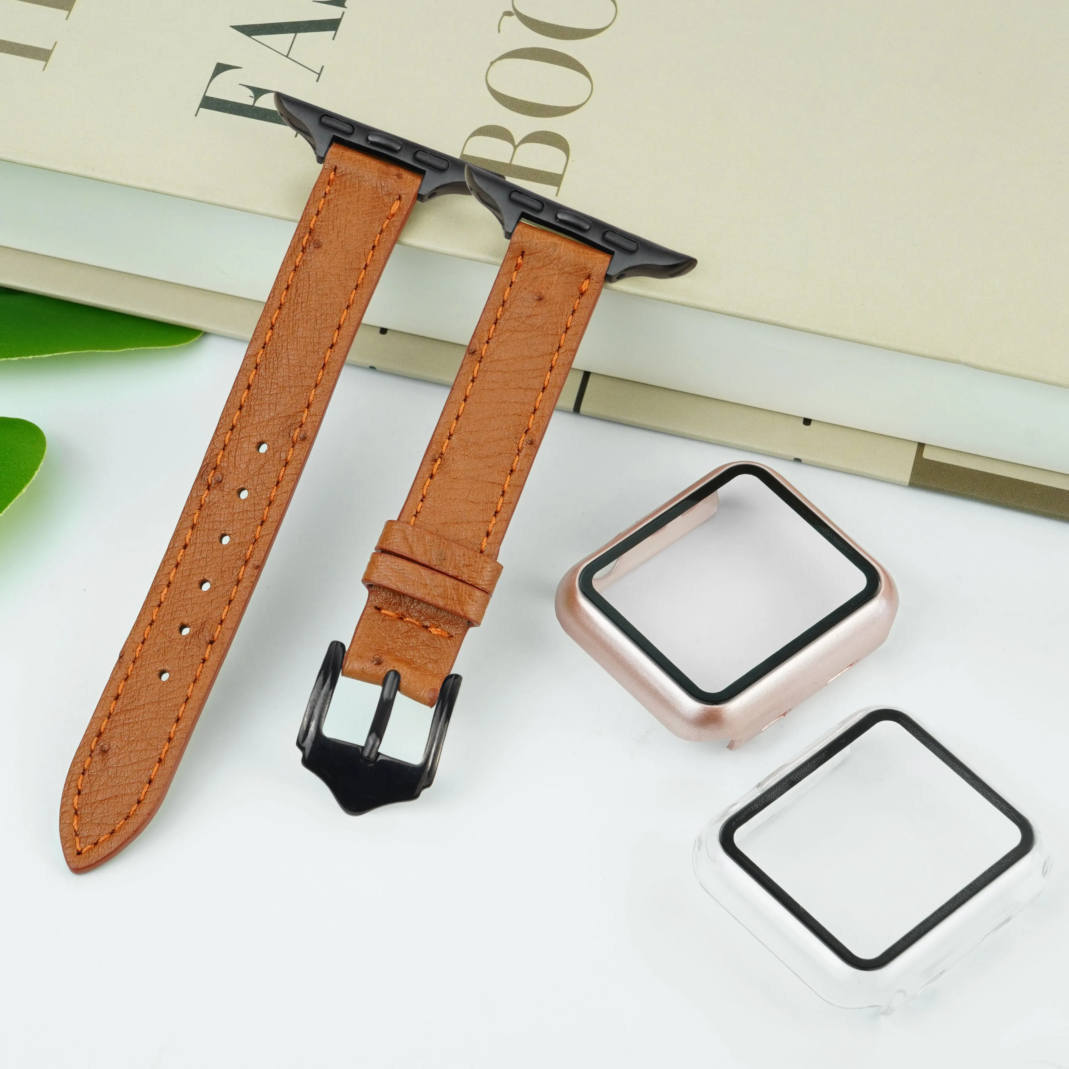 Light Brown Flat Ostrich Leather Band Compatible Apple Watch Iwatch 42mm Screen Protector Case Black Adapter Replacement Strap For Smartwatch Series 1 2 3 Leather Handmade AW-186B-W-42MM