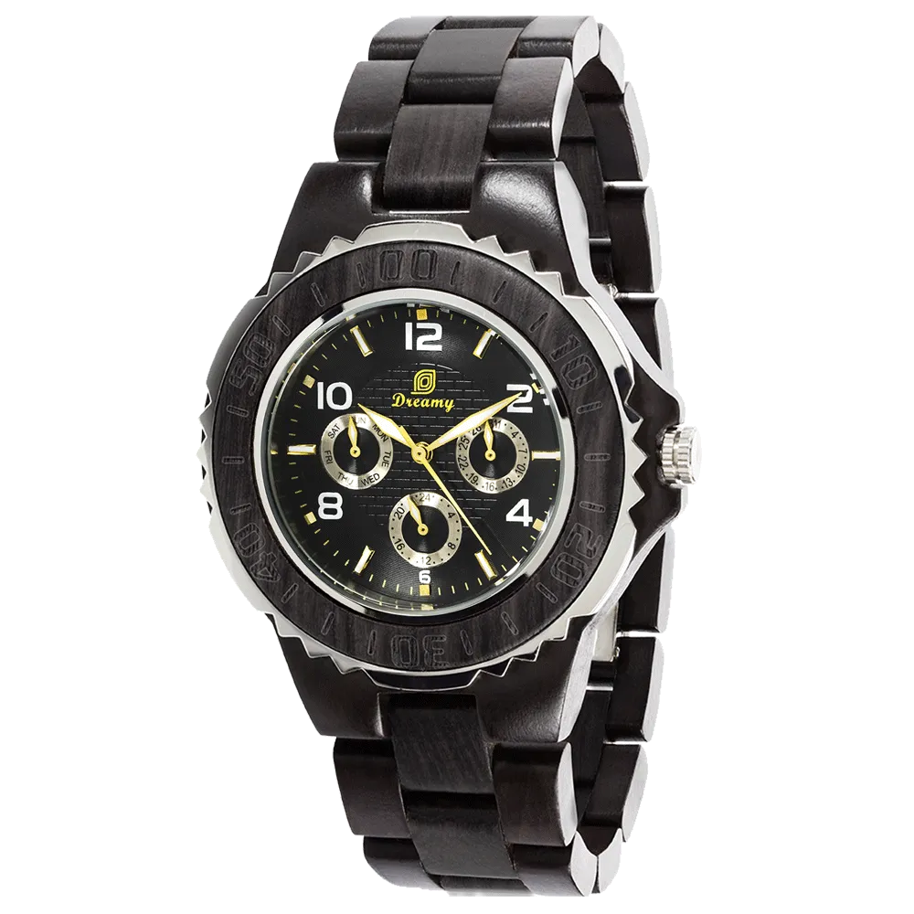 Mens Six Hands Multifunction Display Black Wood Watch Ebony