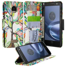 Moto Z Force Droid Case, Wrist Strap Flip Folio [Kickstand] Pu Leather Wallet Case with ID & Credit Card Slots & Money Pocket - Vibrant Tree