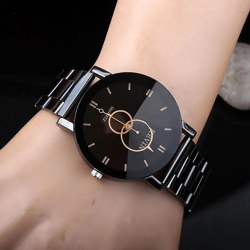 New Design Women Watches Fashion Black Round Dial Stainless Steel Band Quartz Wrist Watch Mens Gifts