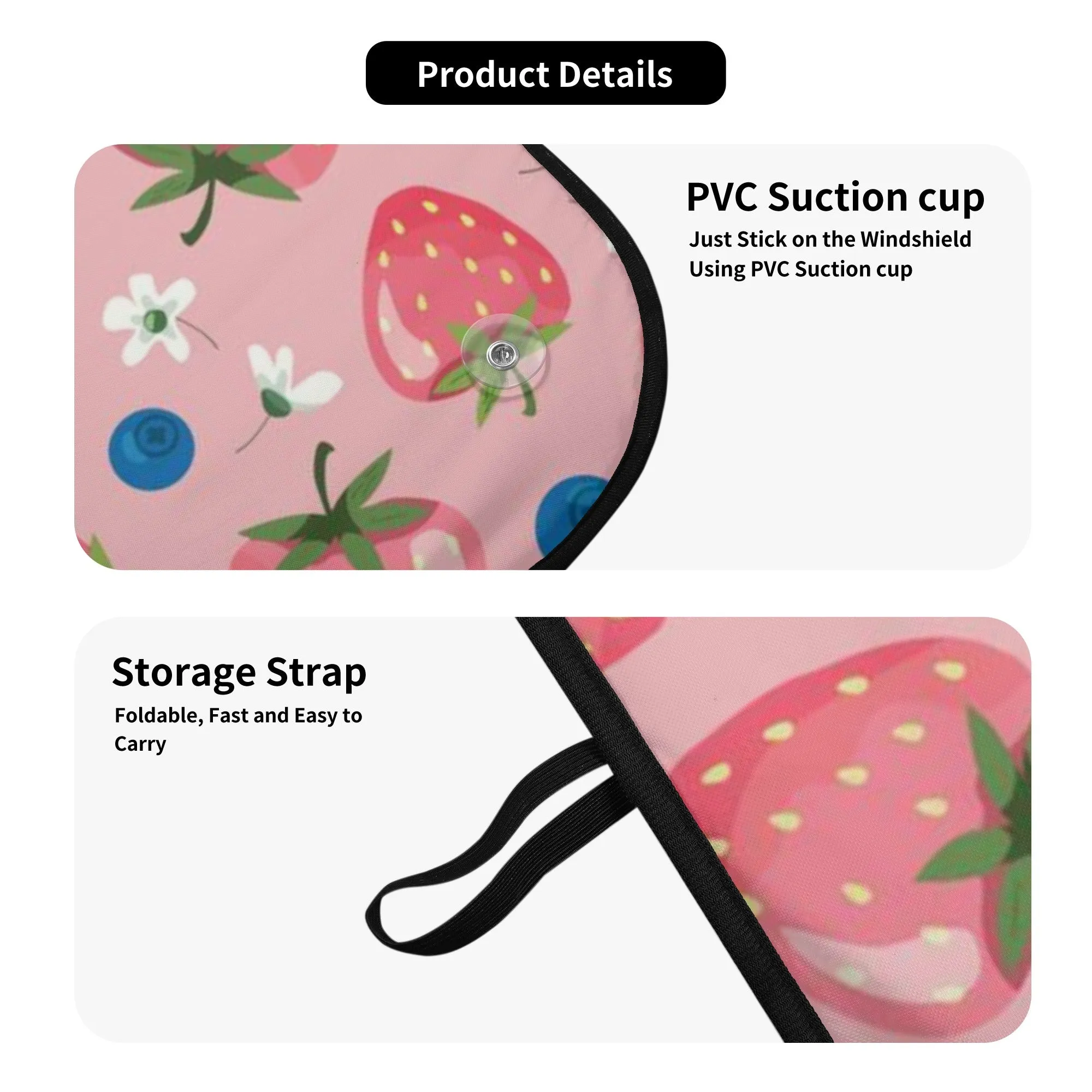 Pink Strawberry Car Sun Shade, Fruit Front Windshield Coverings Blocker Auto Protector Window Visor Screen Cover Men Women SUV Truck