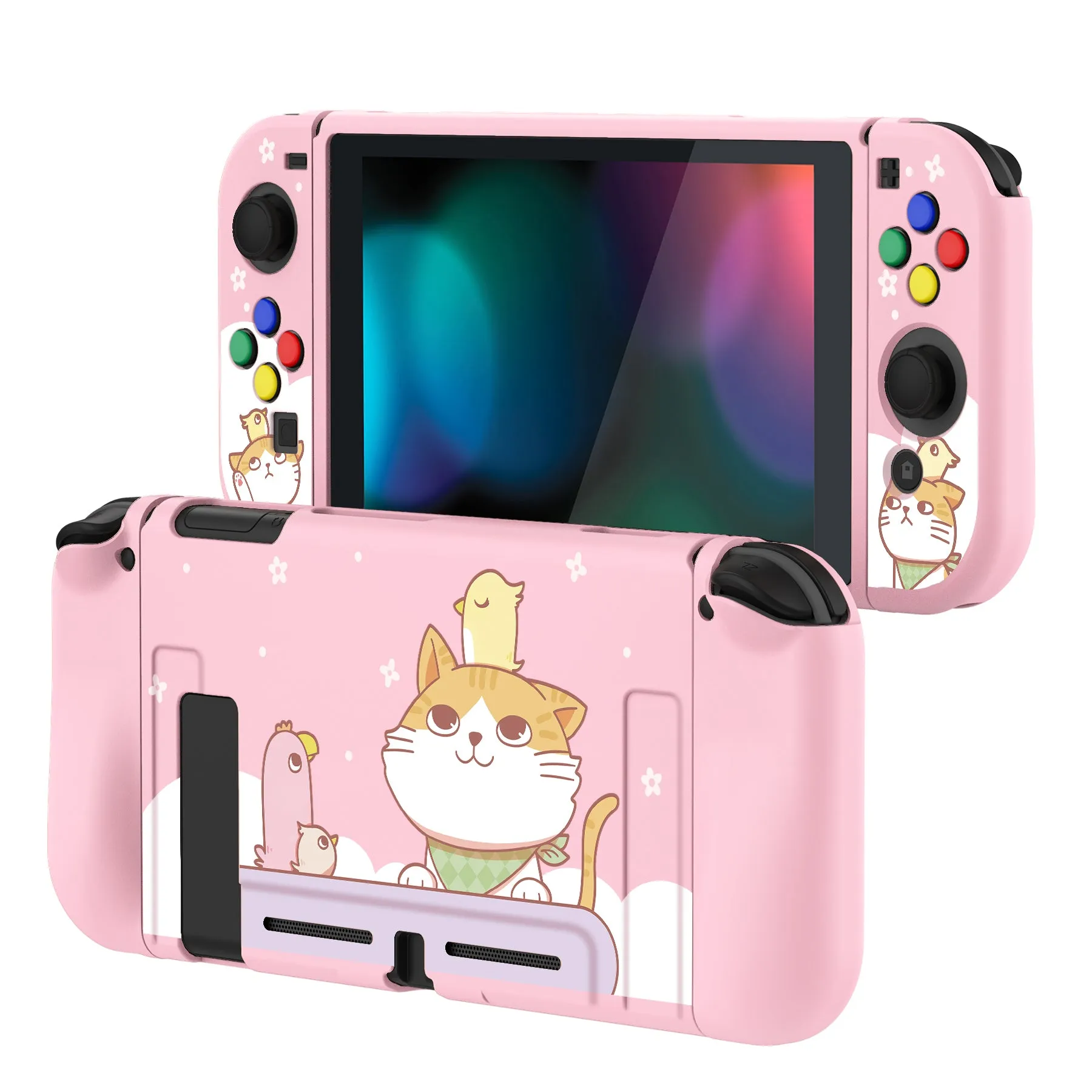 PlayVital Kitten & Chicken Protective Case for NS Switch, Soft TPU Slim Case Cover for NS Switch Joy-Con Console with Colorful ABXY Direction Button Caps - NTU6009