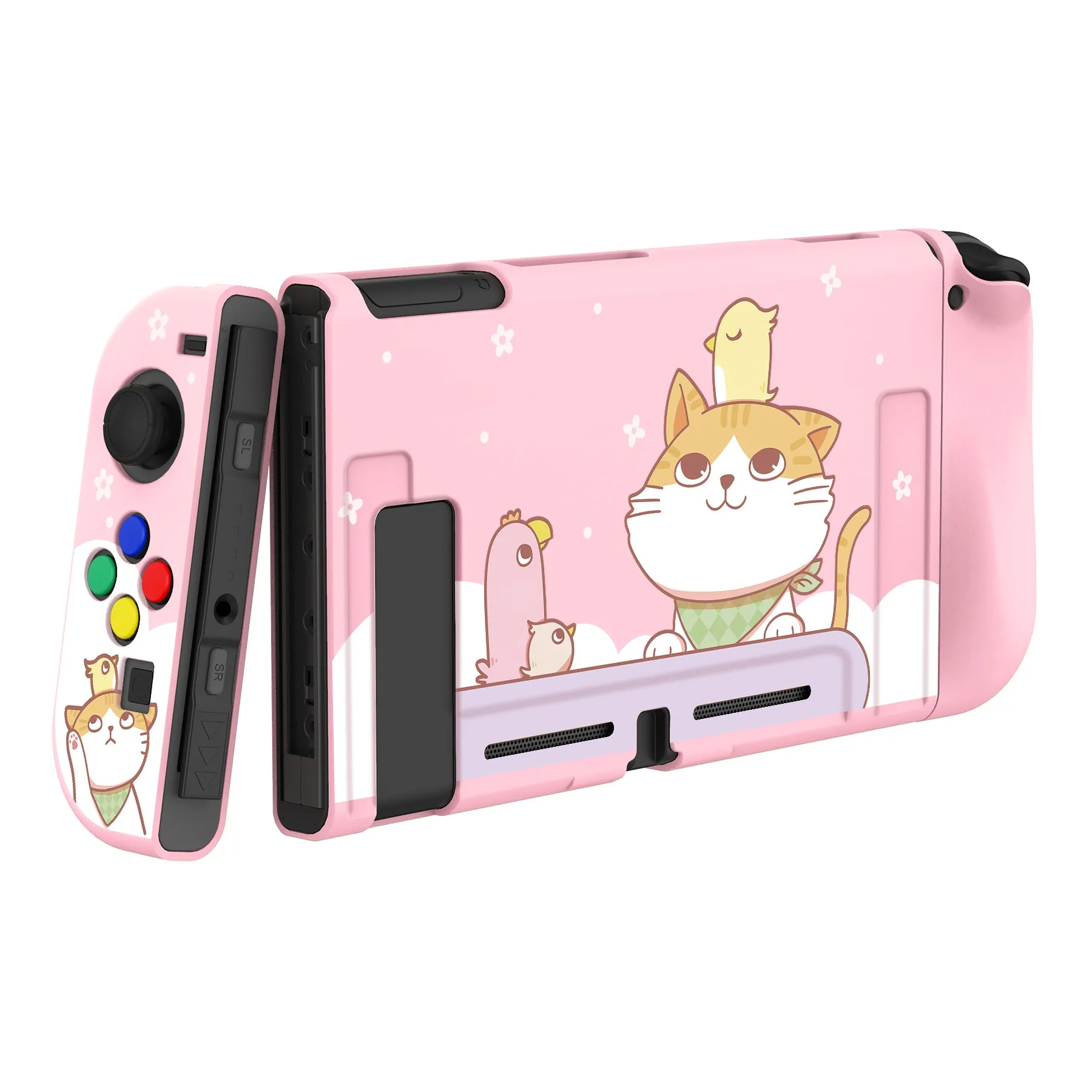 PlayVital Kitten & Chicken Protective Case for NS Switch, Soft TPU Slim Case Cover for NS Switch Joy-Con Console with Colorful ABXY Direction Button Caps - NTU6009