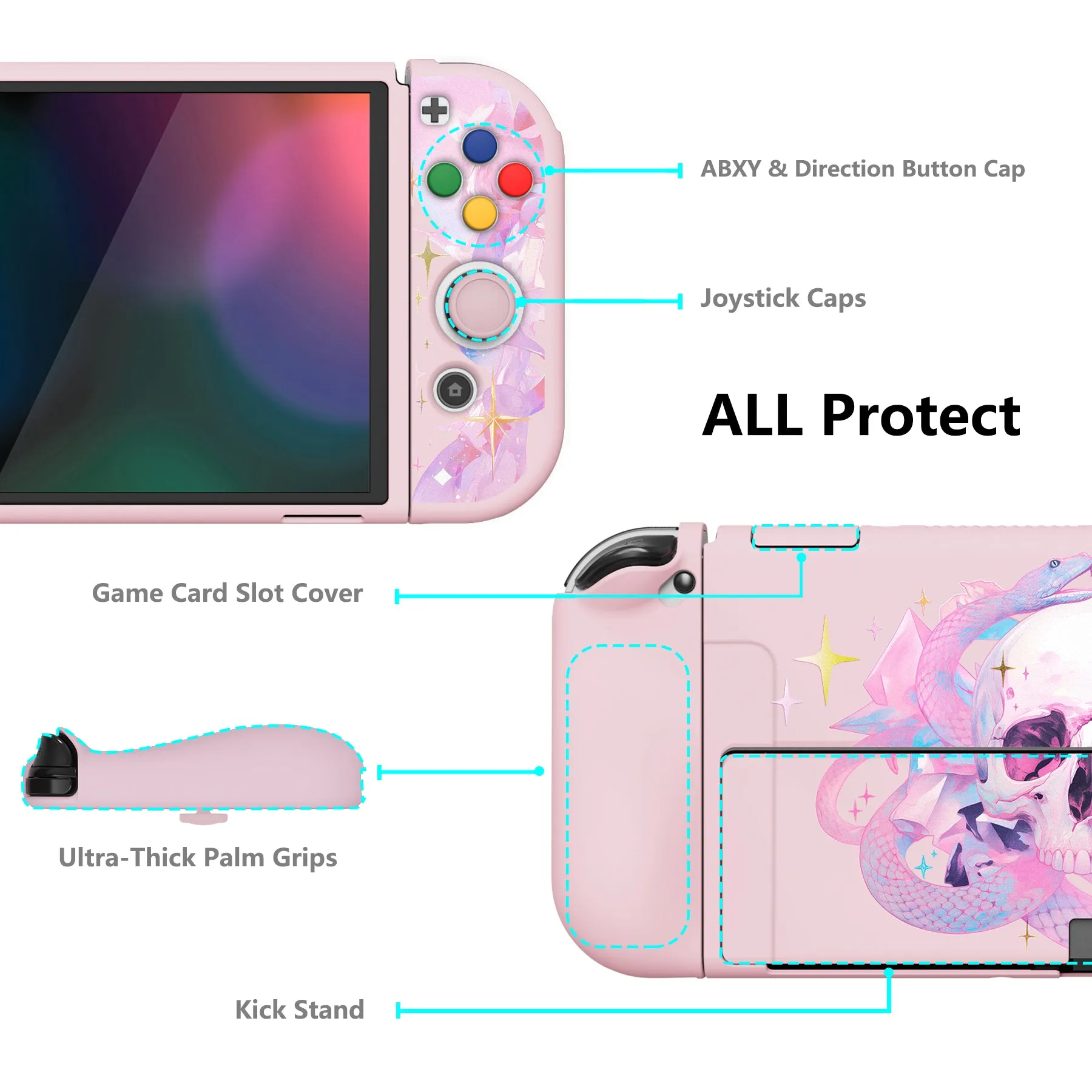 PlayVital ZealProtect Soft Protective Case for Switch OLED, Flexible Protector Joycon Grip Cover for Switch OLED with Thumb Grip Caps & ABXY Direction Button Caps - Celestial Serpent's Embrace - XSOYV6051