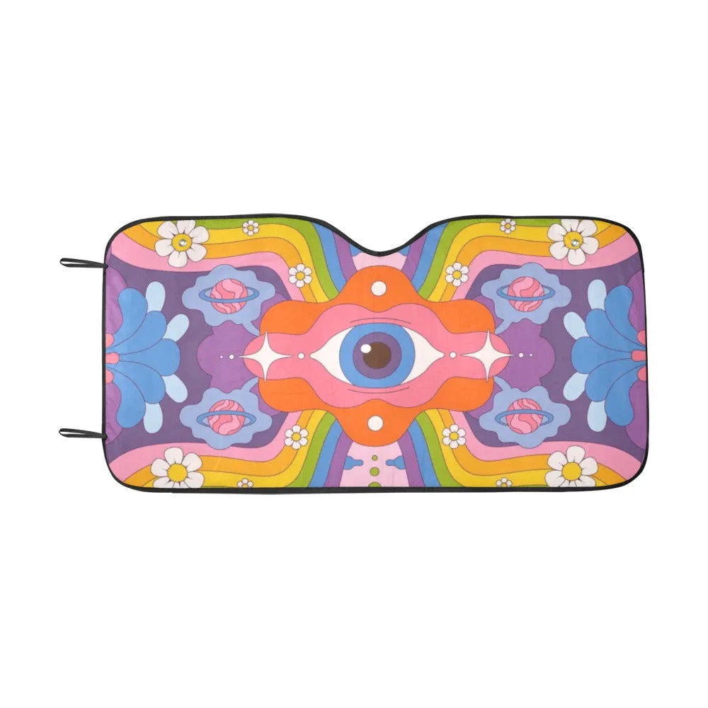 Psychedelic Windshield Sun Shade, Hippie Eye Flowers 70s Art Car Solar Reflector Auto Protector Window Visor Screen Cover Vehicle Windscreen