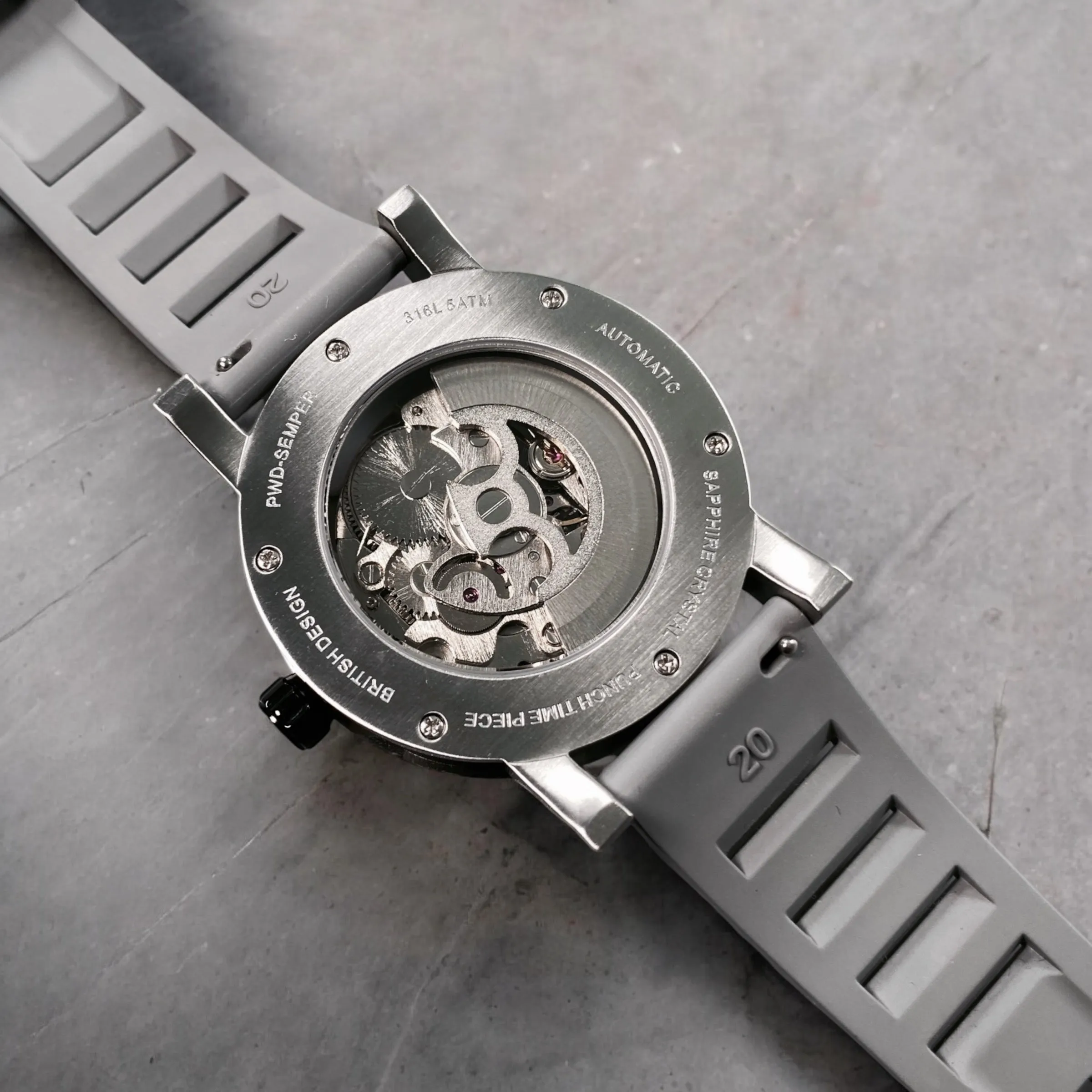 PUNCH Mens Watch, Black & Silver Skeleton Automatic Watch - Grey Rubber Strap