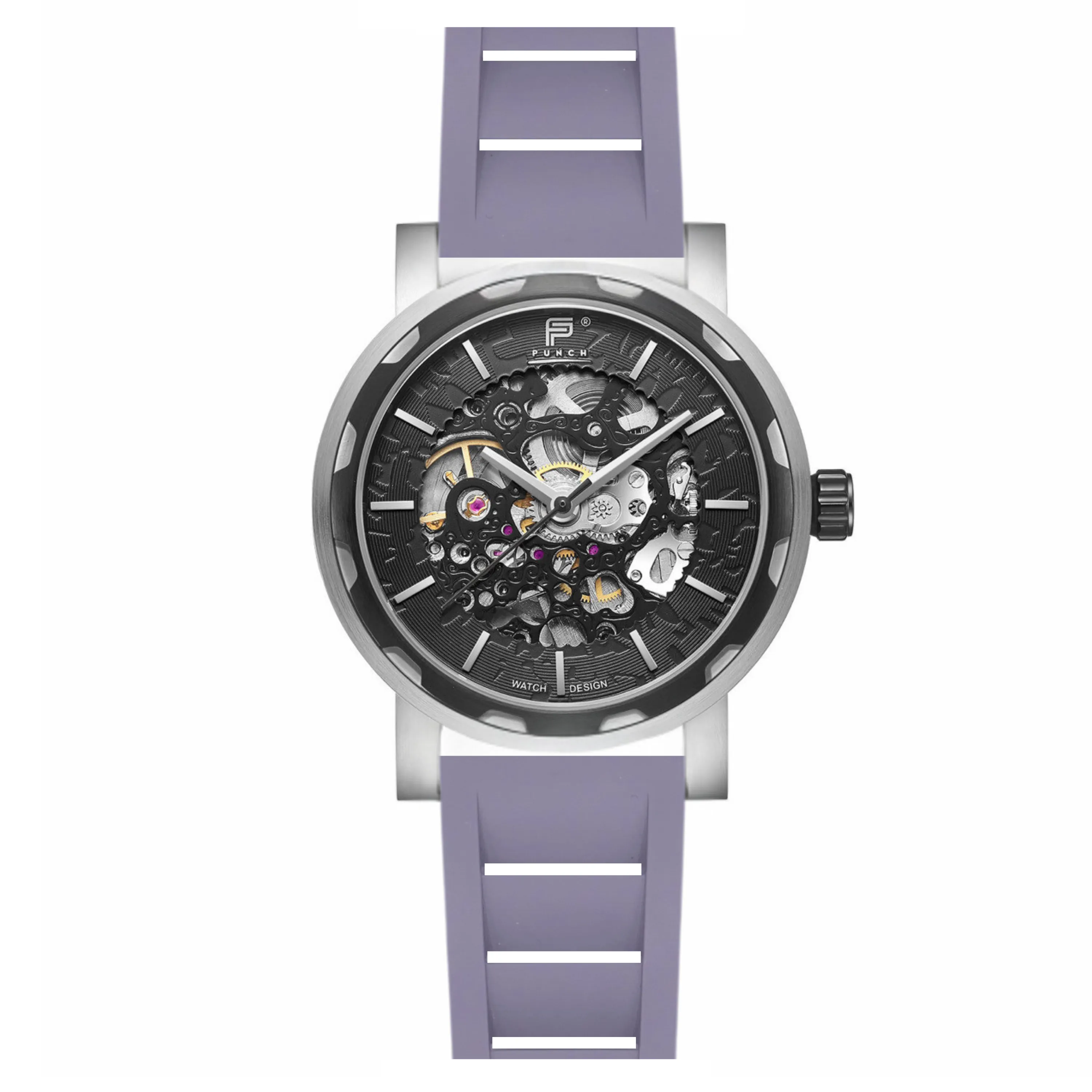 PUNCH Mens Watch, Black & Silver Skeleton Automatic Watch - Grey Rubber Strap