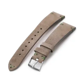 Q.R. Tan / Khaki Suede watch strap 19mm to 21mm Leather Watch Band Green Stitch.