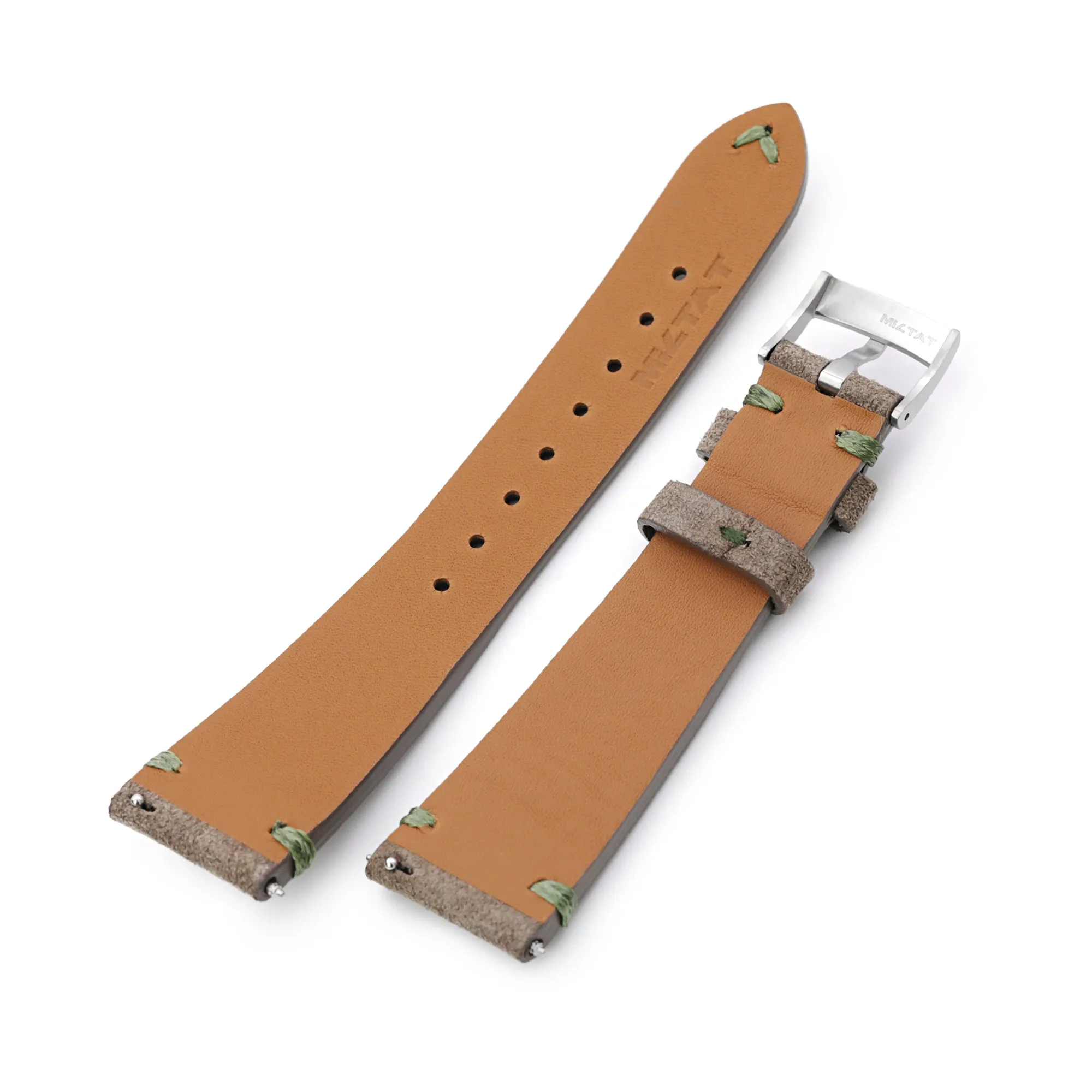 Q.R. Tan / Khaki Suede watch strap 19mm to 21mm Leather Watch Band Green Stitch.