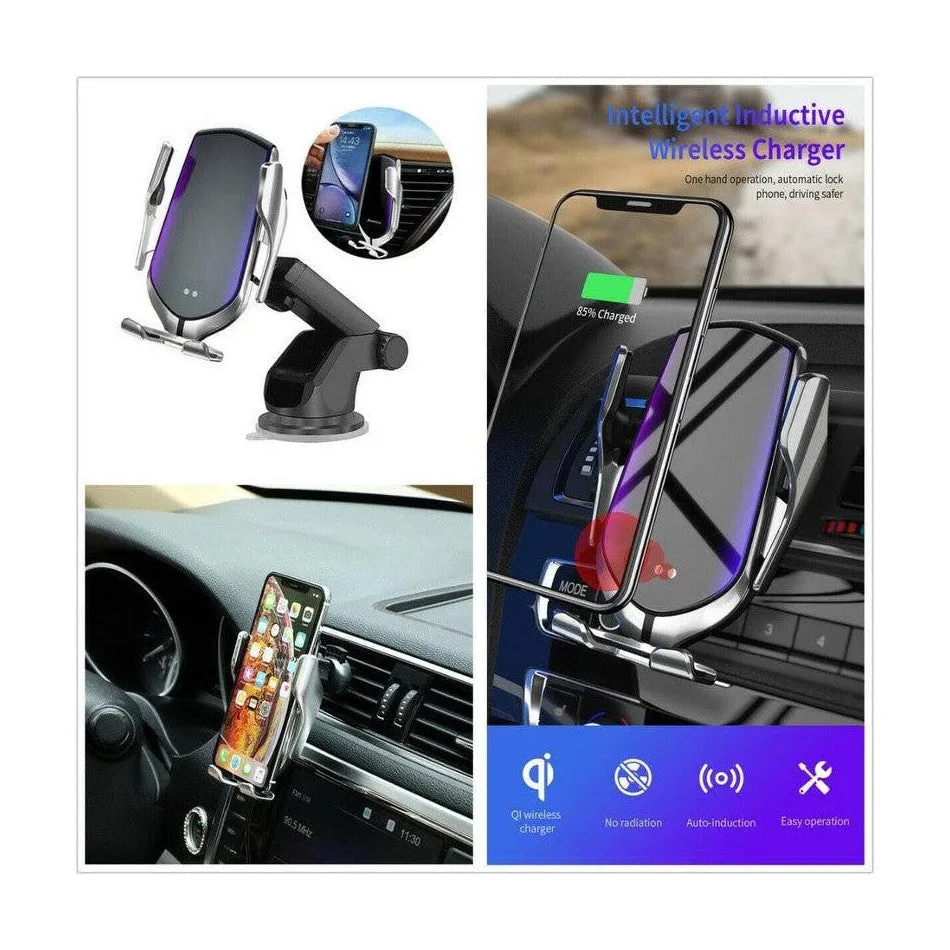 R2 Auto clamping wireless charger with Dashboard/windshield & air vent holder-Gun Metal