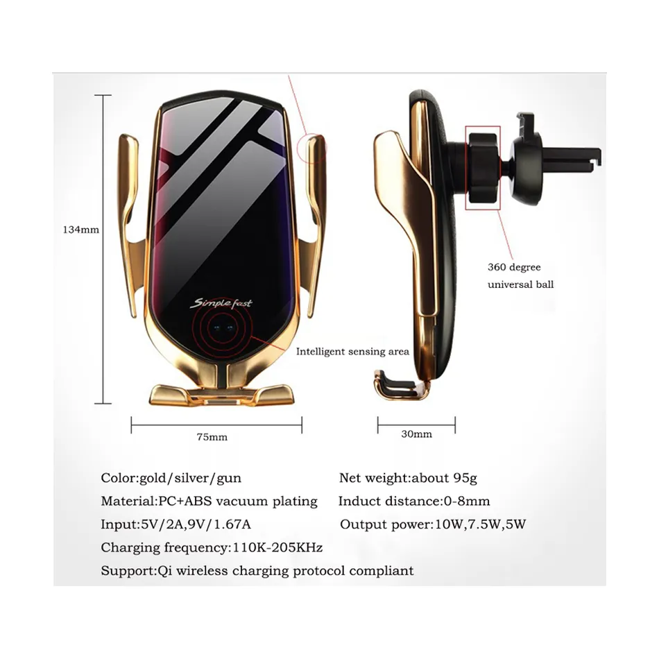 R2 Auto clamping wireless charger with Dashboard/windshield & air vent holder-Gun Metal