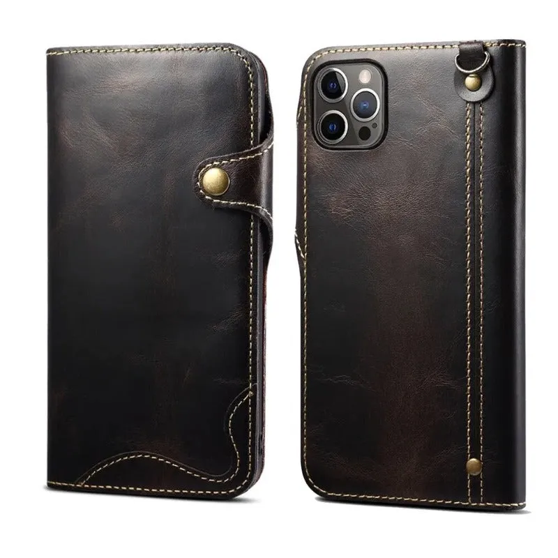 Real Cowhide Leather Texture Flip Wallet Phone Case For iPhone