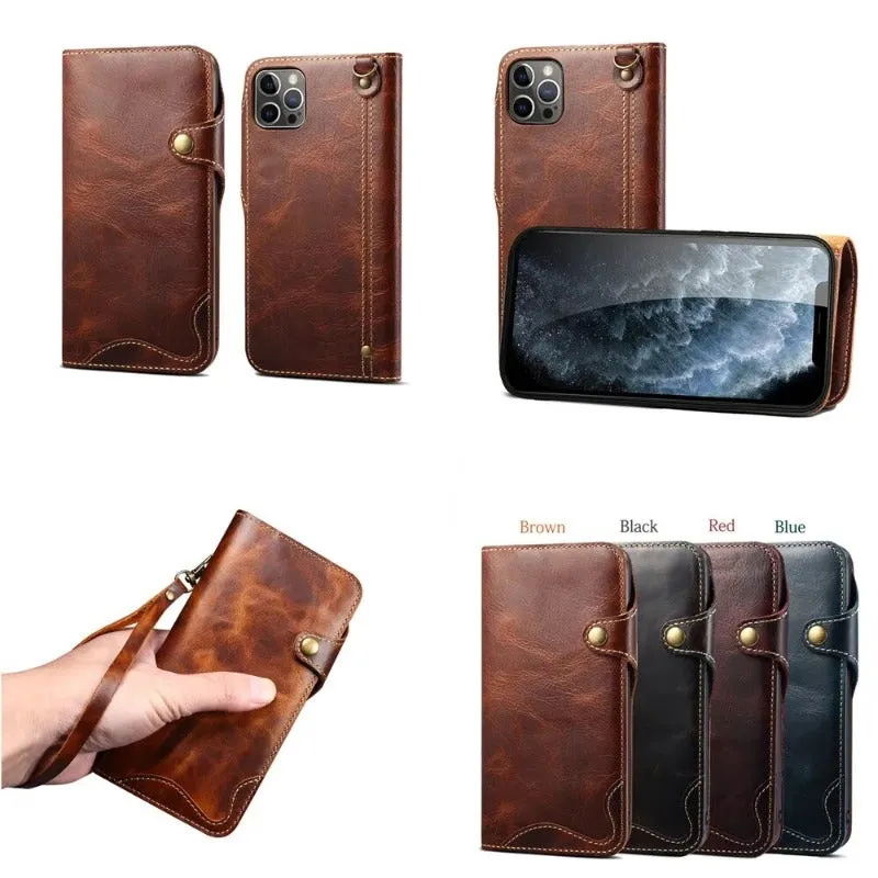 Real Cowhide Leather Texture Flip Wallet Phone Case For iPhone