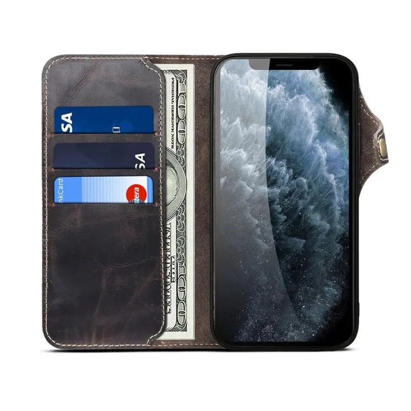 Real Cowhide Leather Texture Flip Wallet Phone Case For iPhone