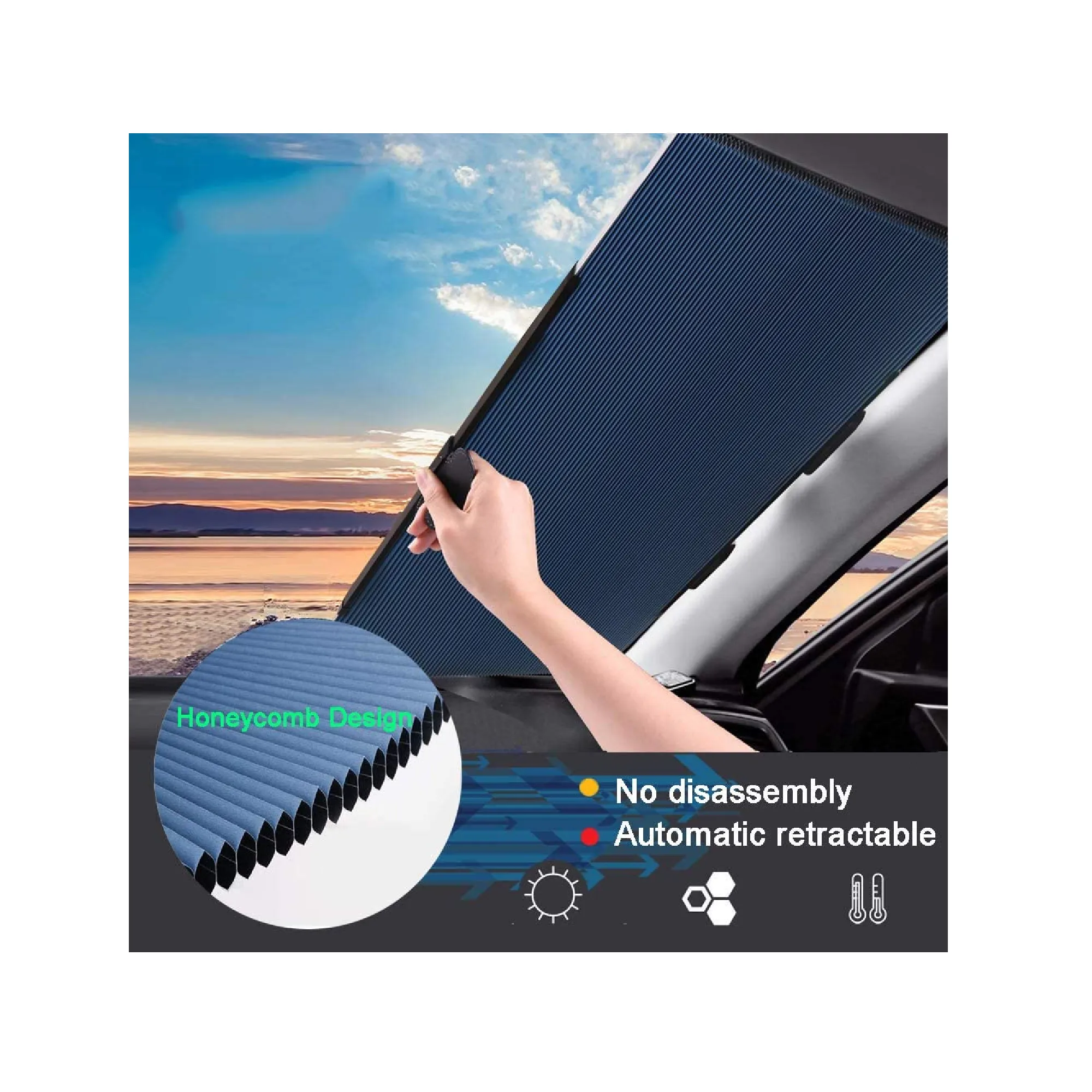 Retractable Windshield Sunshade for Car | Cordless Cellular Sunscreen Blocks UV Rays