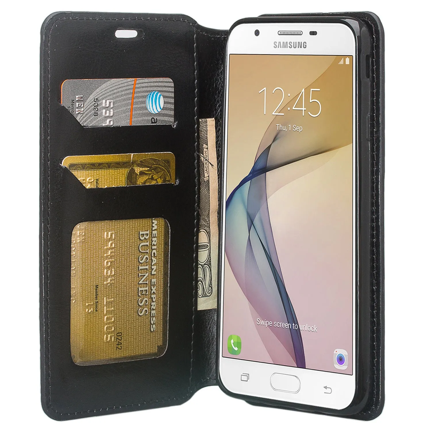 Samsung Galaxy J7 Prime 2016, G610, Galaxy On7 Case, Slim Magnetic Flip Fold[Kickstand] Pu Leather Wallet Cover with Slots - Black