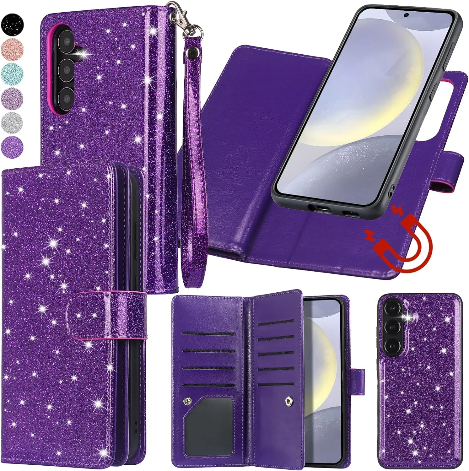 Samsung Galaxy S24 Plus Wallet Detachable Magnetic Glitter PU Leather Flip Case