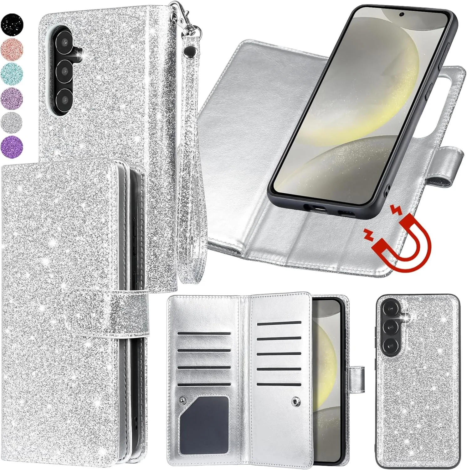 Samsung Galaxy S24 Plus Wallet Detachable Magnetic Glitter PU Leather Flip Case