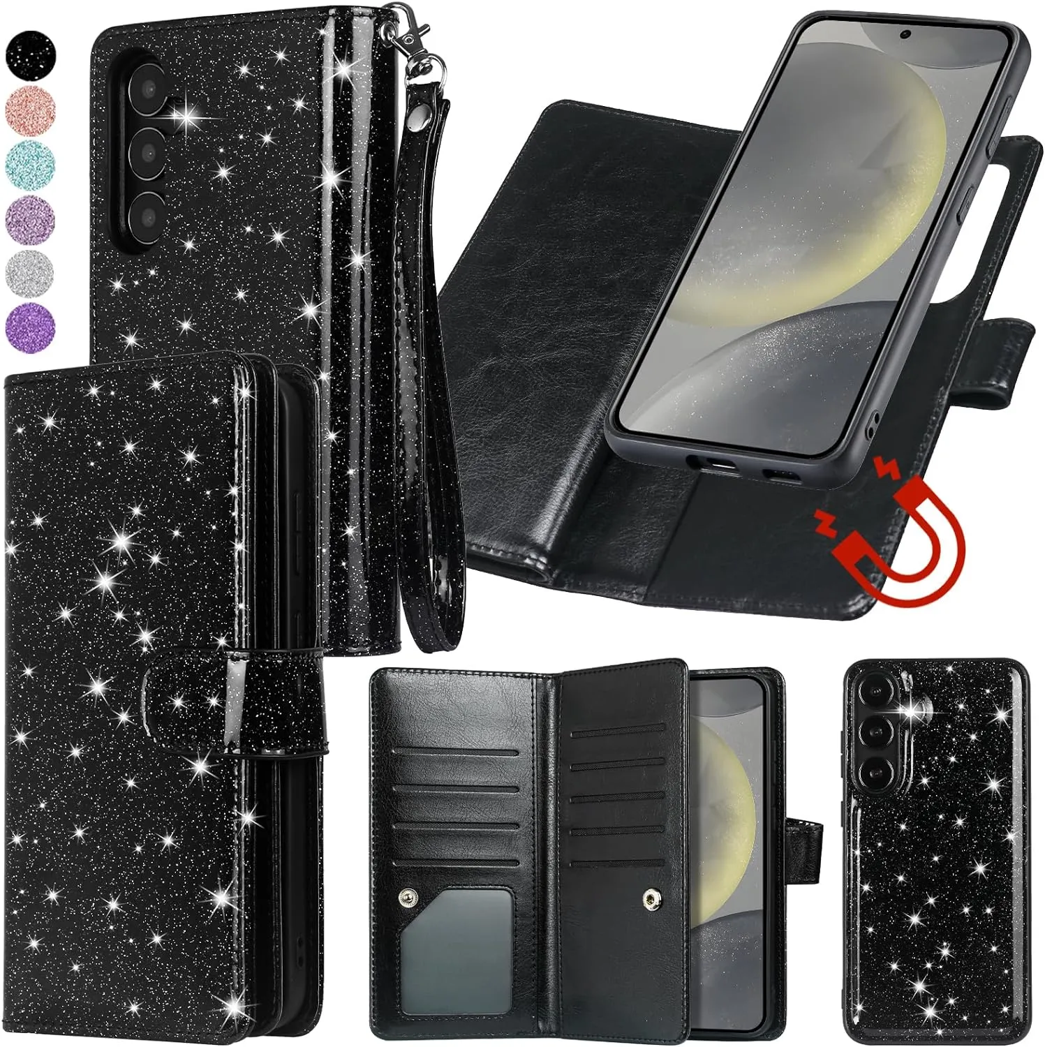 Samsung Galaxy S24 Plus Wallet Detachable Magnetic Glitter PU Leather Flip Case