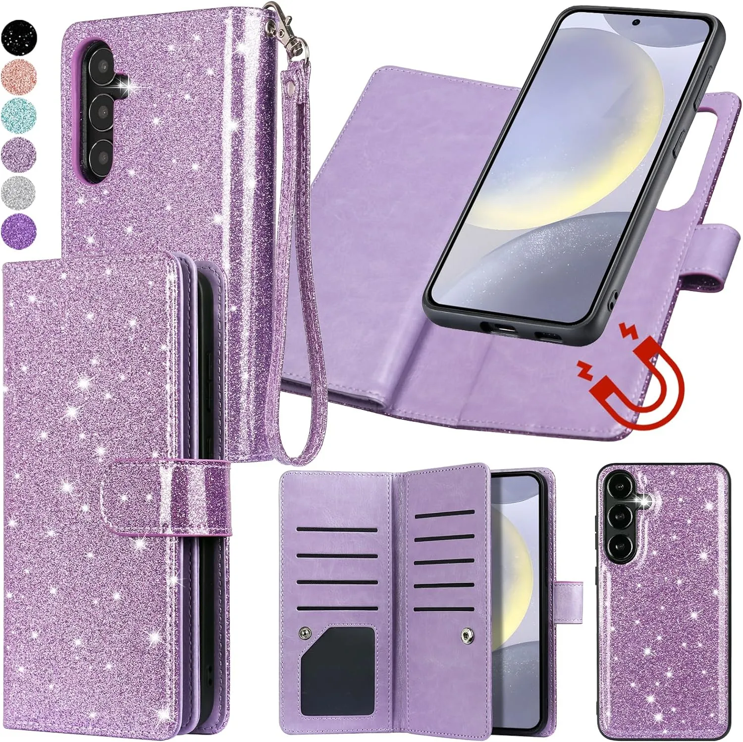 Samsung Galaxy S24 Plus Wallet Detachable Magnetic Glitter PU Leather Flip Case