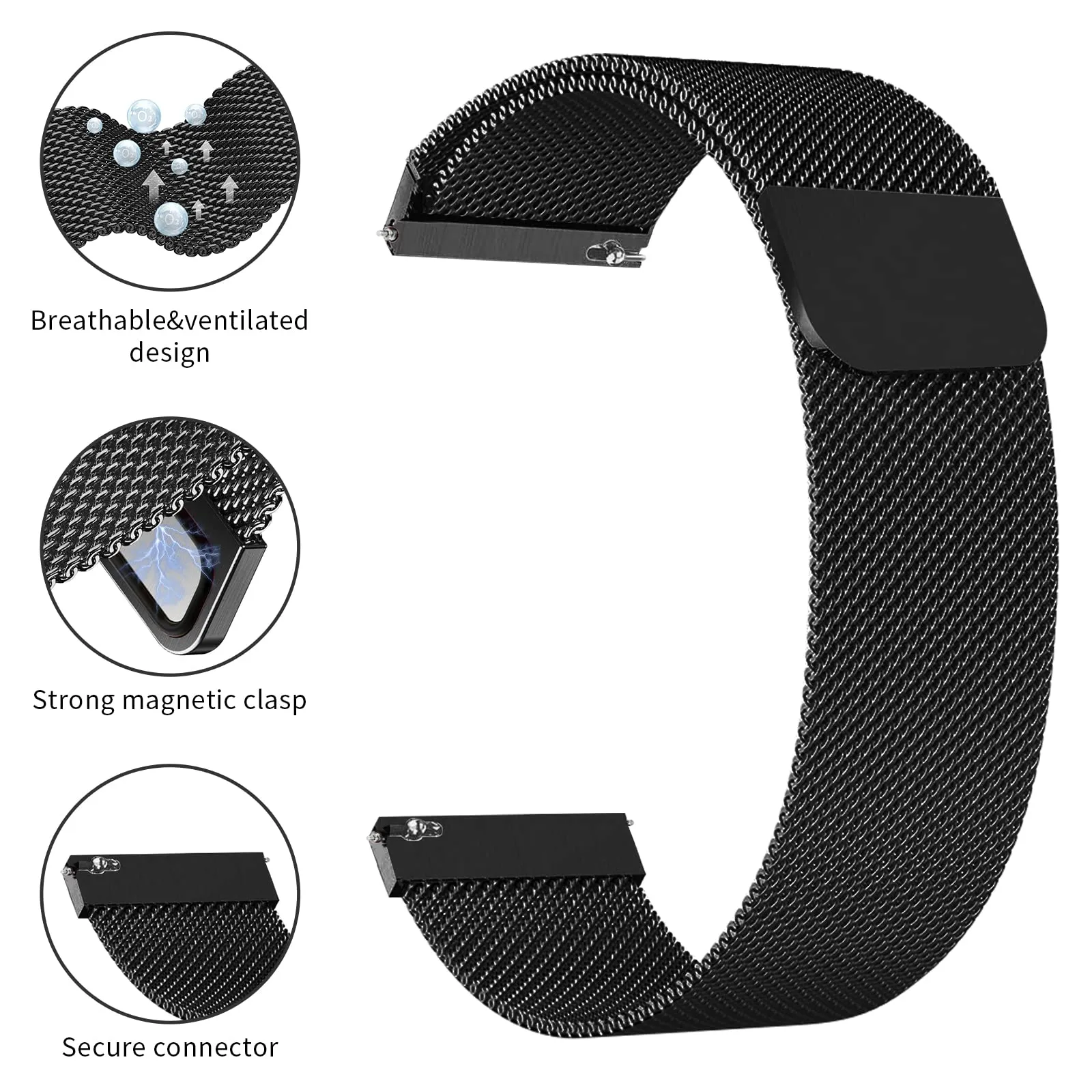 Samsung Galaxy Watch 3 45mm /46mm / Gear S3 Frontier / Classic / Watch GT 2 46mm | Milanese Loop Metal Watch Band  | Black