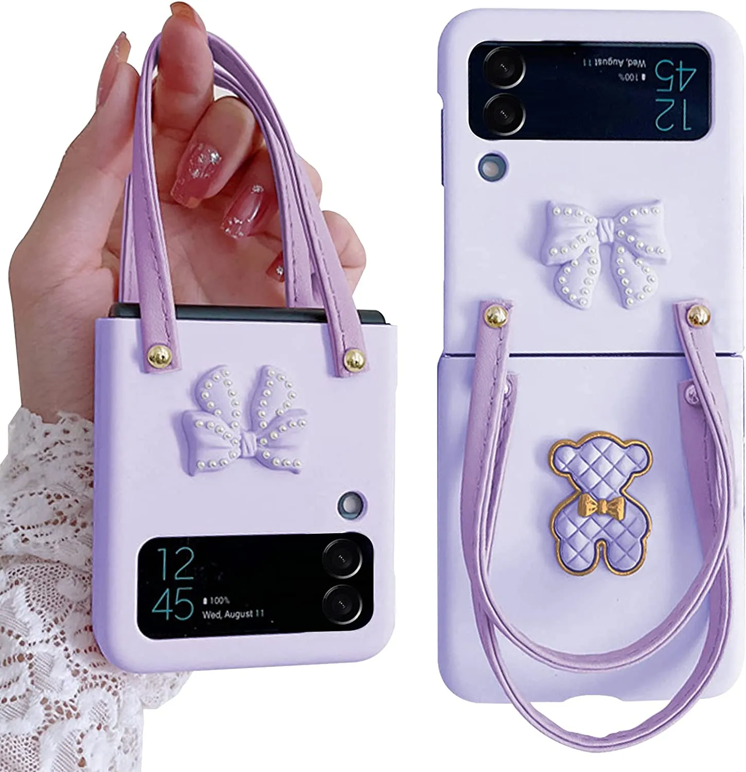 Samsung Z Flip 4 Case with Leather Strap Cute Bear Bow-Knot Galaxy-Pink