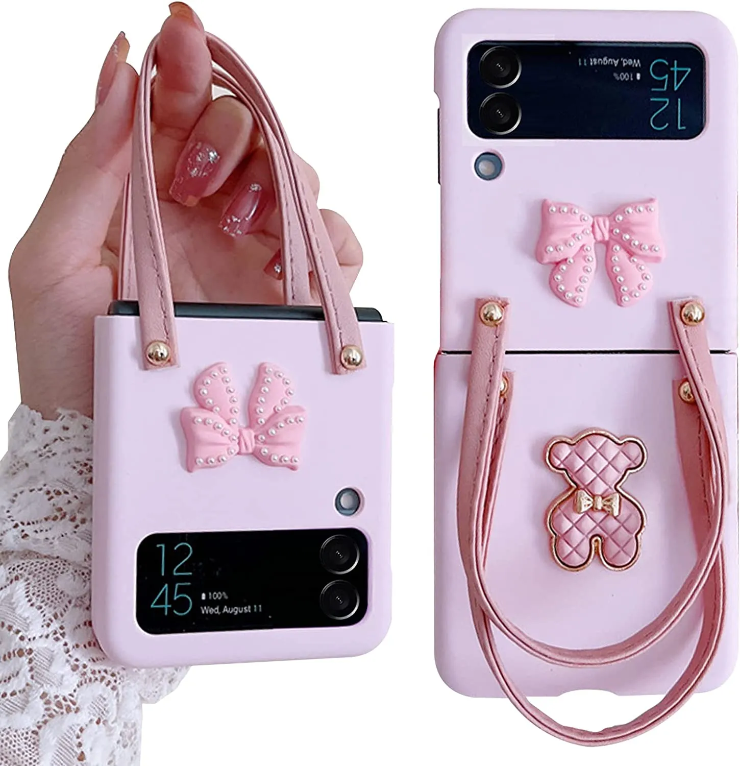 Samsung Z Flip 4 Case with Leather Strap Cute Bear Bow-Knot Galaxy-Pink