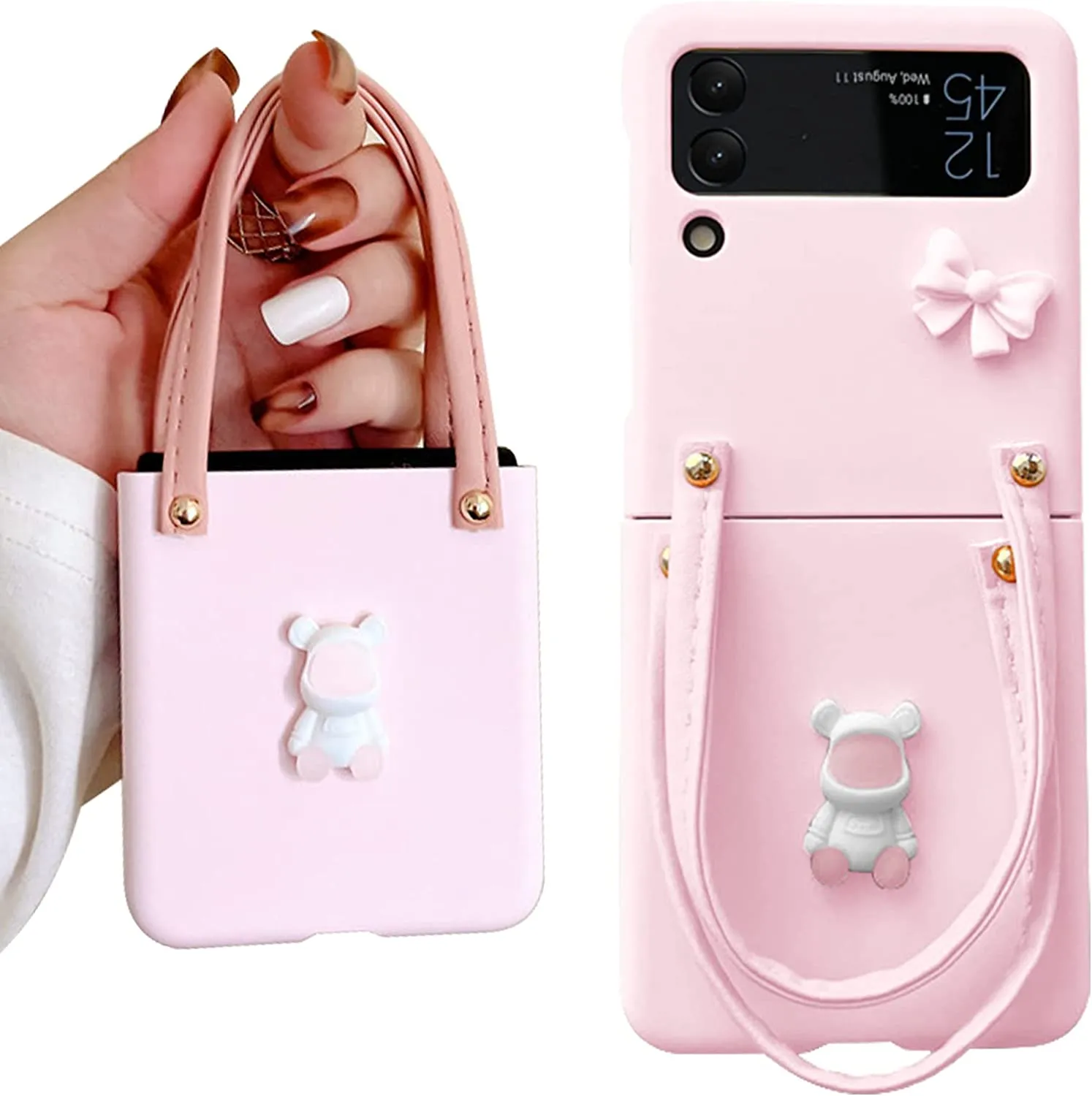 Samsung Z Flip 4 Case with Leather Strap Cute Bear Bow-Knot Galaxy-Pink