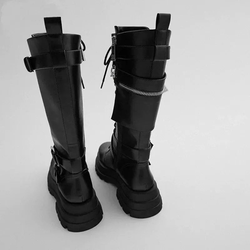 Silver Chain Women’s Knee High Motorcycle Boots with Chunky Sole