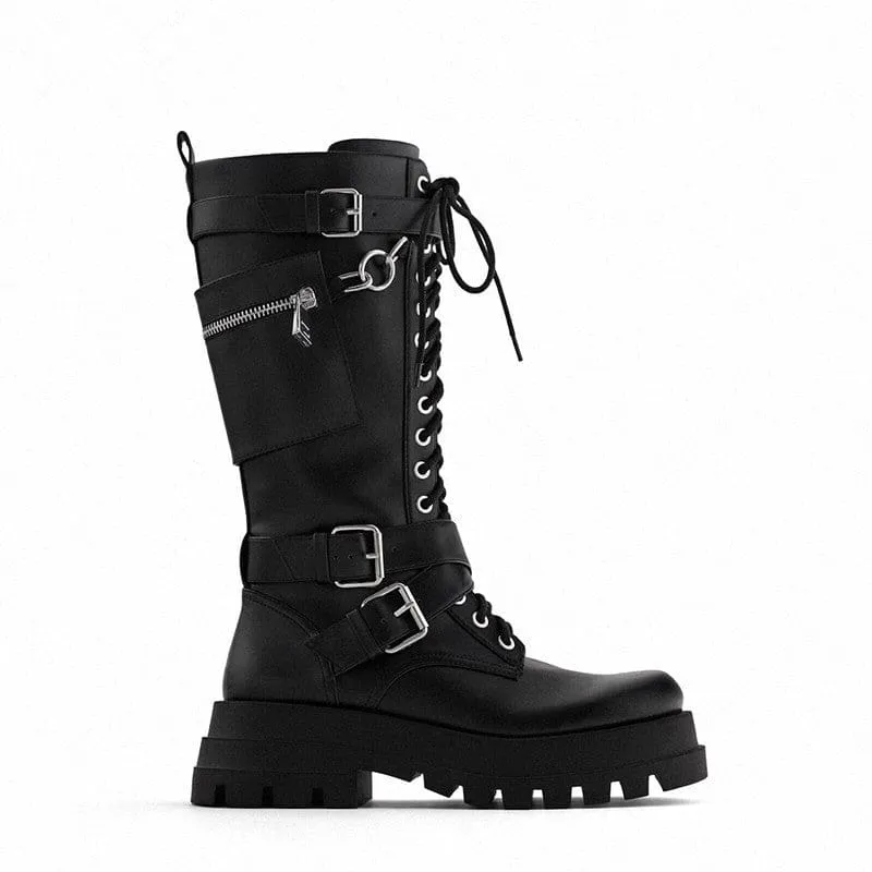 Silver Chain Women’s Knee High Motorcycle Boots with Chunky Sole