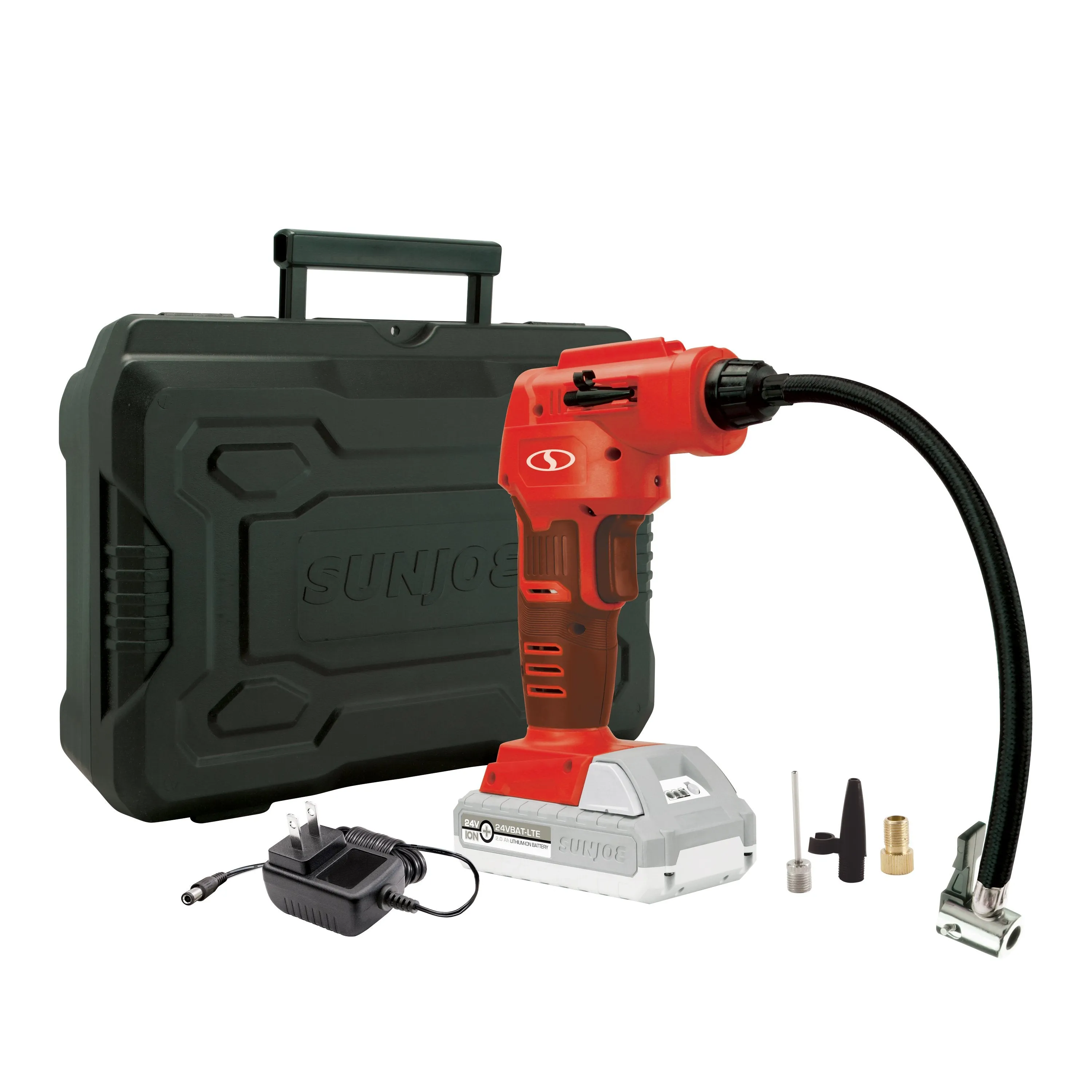 Sun Joe 24V-AJC-LTE-RED-RM 24-Volt iON  Cordless Portable Air Compressor Kit with Nozzle Adapters, Automatic Digital Pressure Gauge, Built-in LED Light & Case, 2.0-Ah Battery and Charger (Red) (Certified Refurbished)