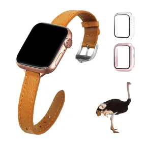 Tan Flat Ostrich Leather Band Compatible Apple Watch Iwatch 40mm Screen Protector Case Silver Adapter Replacement Strap For Smartwatch Series 4 5 6 SE Leather Handmade AW-182S-W-40MM