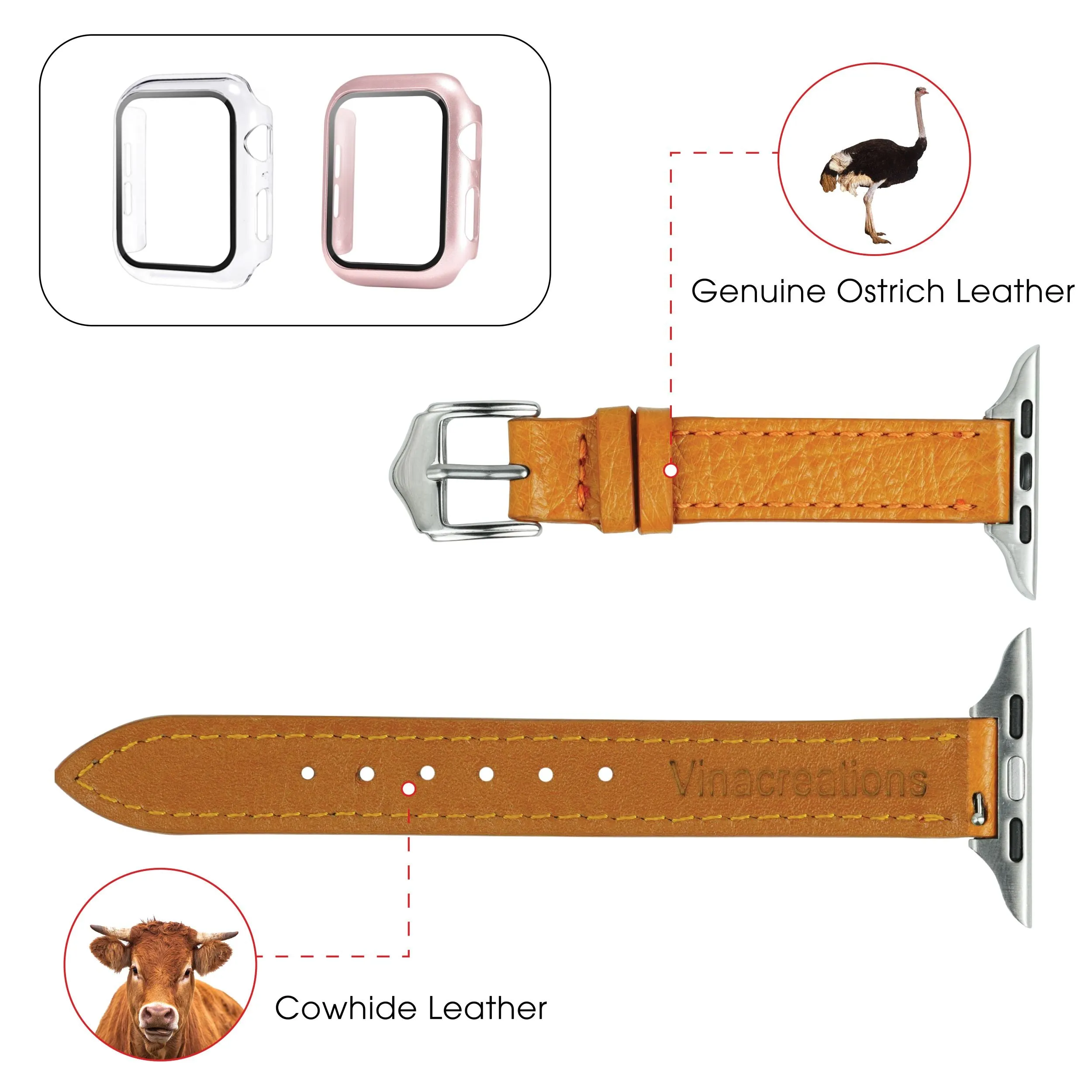 Tan Flat Ostrich Leather Band Compatible Apple Watch Iwatch 42mm Screen Protector Case Silver Adapter Replacement Strap For Smartwatch Series 1 2 3 Leather Handmade AW-182S-W-42MM