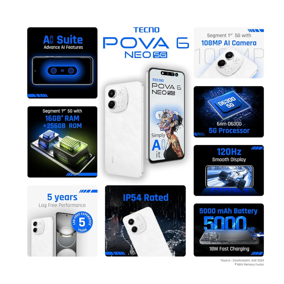 Tecno POVA 6 NEO 5G  6GB 128GB | Advanced AI Features | 108MP Ultra Clear AI Camera | D6300 Powerful Processor | 5 Year Lag Free Fluency | 5000 mAh Battery | in Built Infrared and NFC