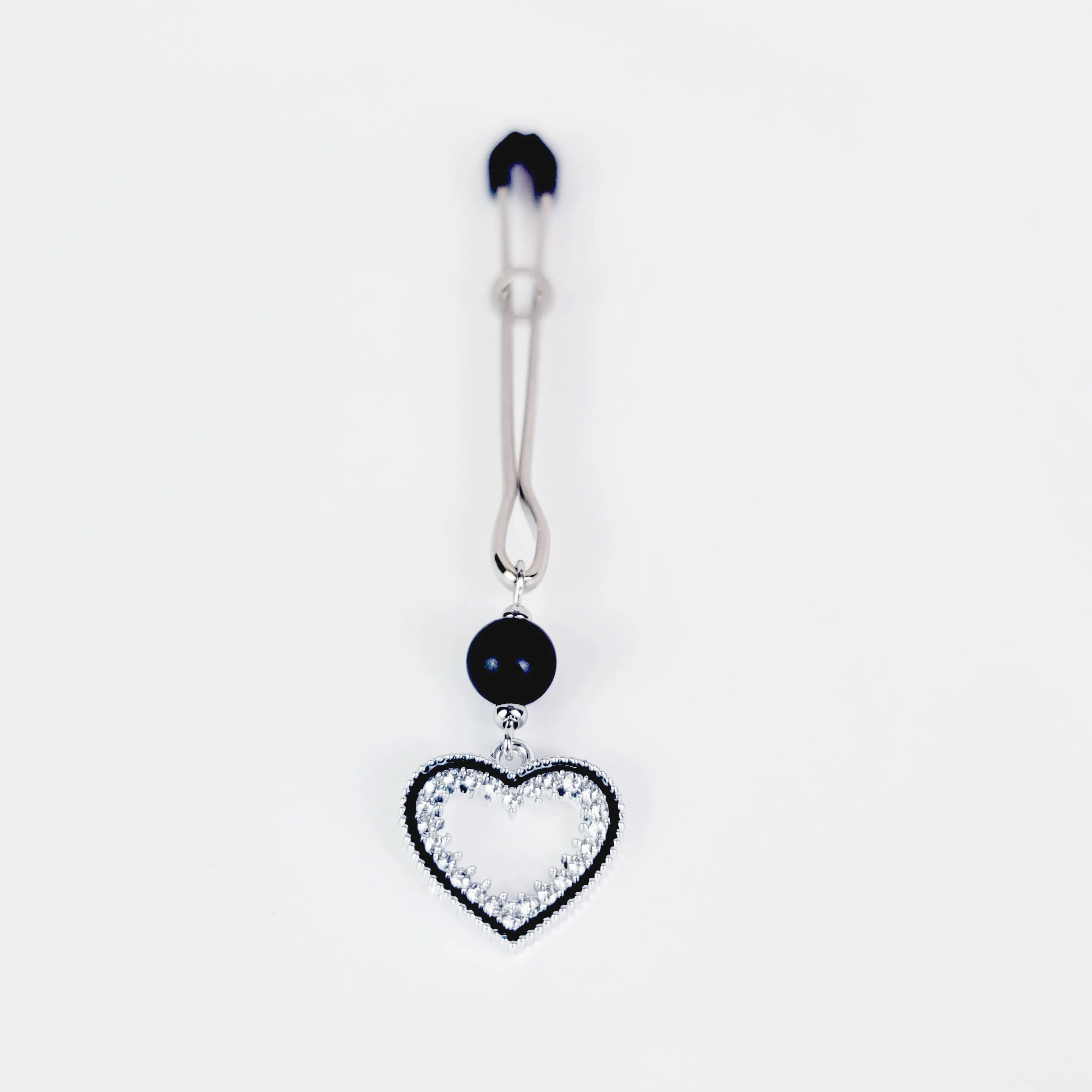 Tweezer Clit Clamp with Sparkling Heart and Black Obsidian. Clitoral Clamp For BDSM Submissive Women.