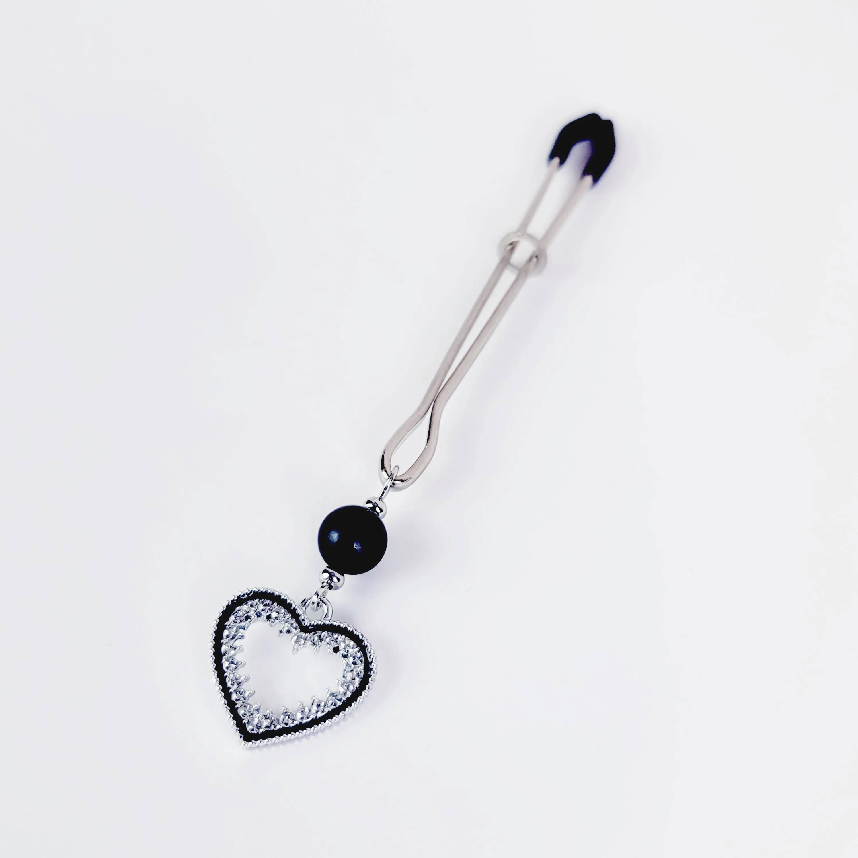 Tweezer Clit Clamp with Sparkling Heart and Black Obsidian. Clitoral Clamp For BDSM Submissive Women.