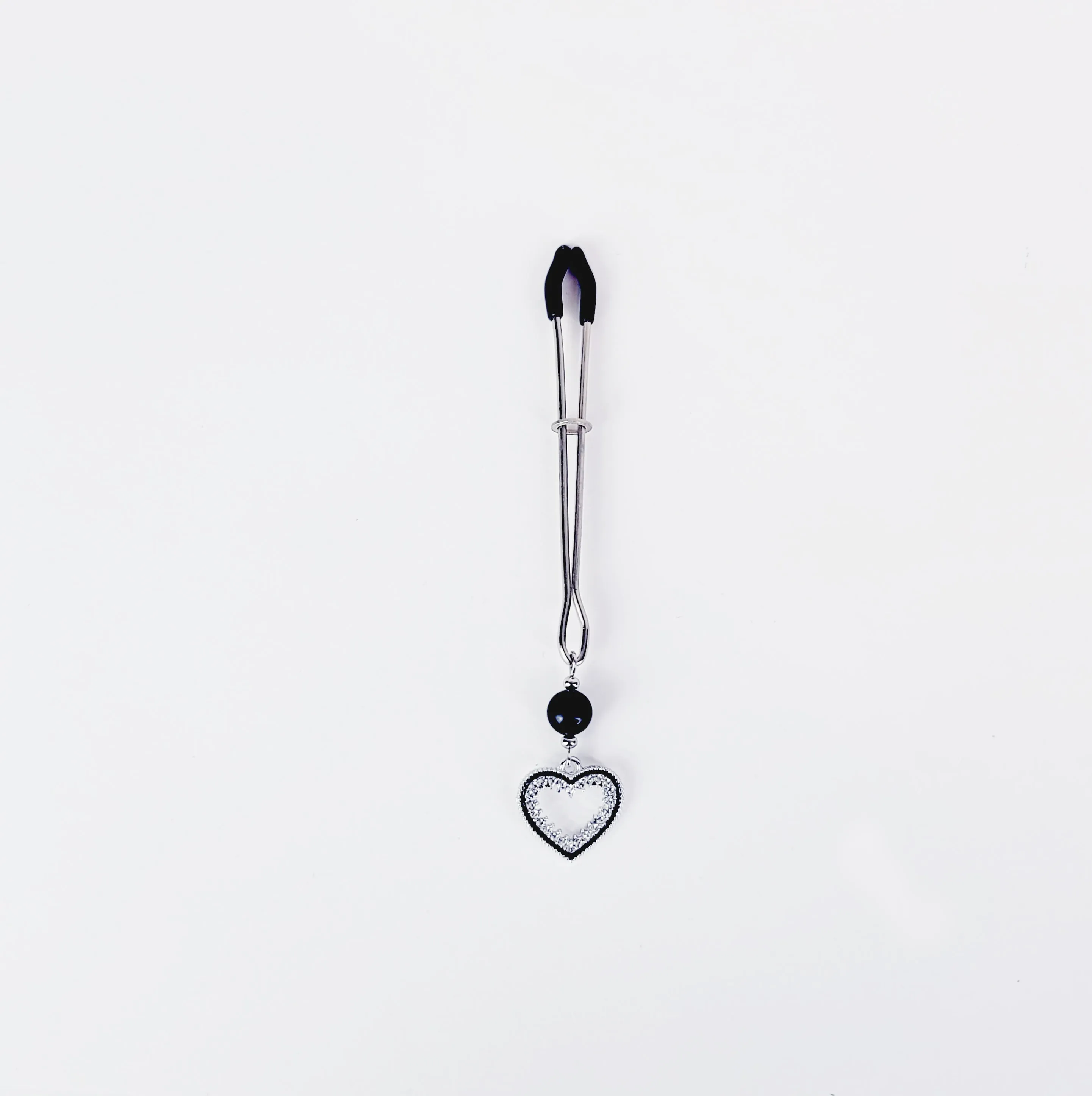 Tweezer Clit Clamp with Sparkling Heart and Black Obsidian. Clitoral Clamp For BDSM Submissive Women.