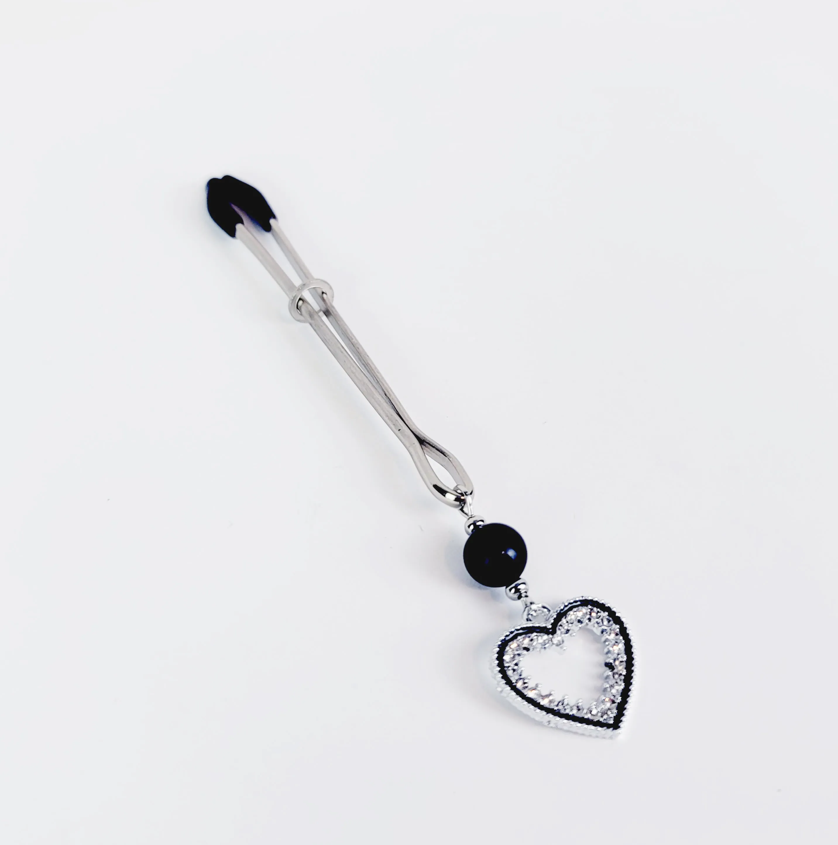 Tweezer Clit Clamp with Sparkling Heart and Black Obsidian. Clitoral Clamp For BDSM Submissive Women.