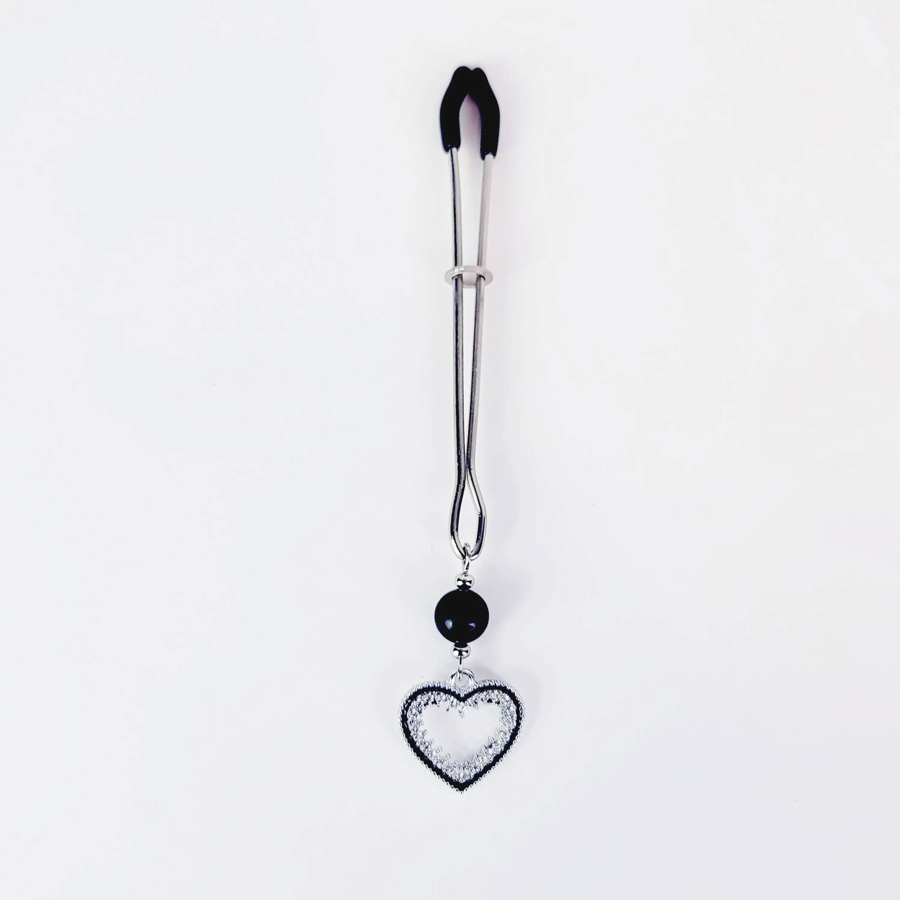 Tweezer Clit Clamp with Sparkling Heart and Black Obsidian. Clitoral Clamp For BDSM Submissive Women.