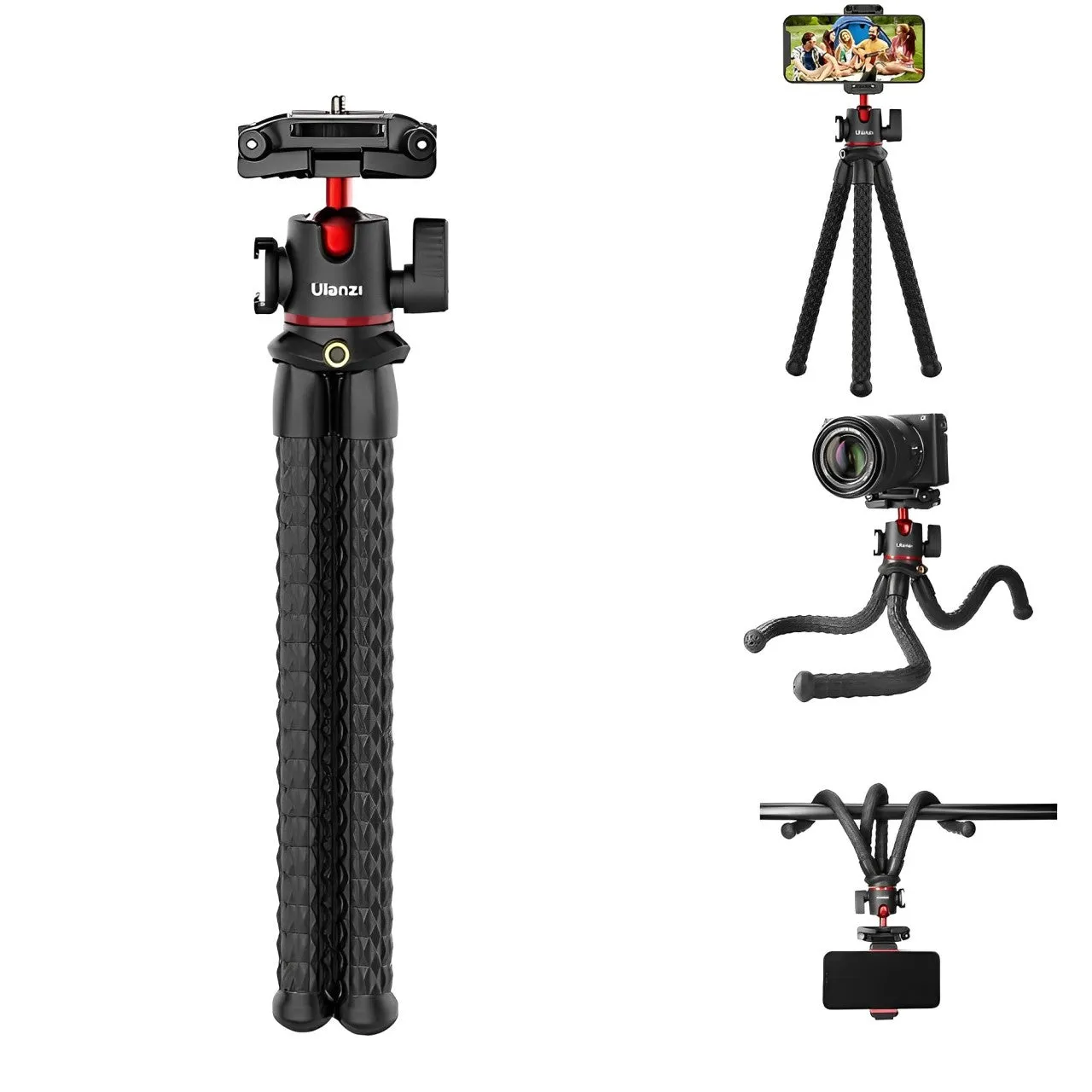 Ulanzi MT-33 Flexible Octopus Tripod with Double Cold Shoe Ball Head C-Clamp with Max 2kg / 11.8" Weight and Height, ABS   TPR Rubber Legs and 2.36" to 3.33" Smartphone Size Compatibility for Vlog Vlogging, Interviews, Content Creation