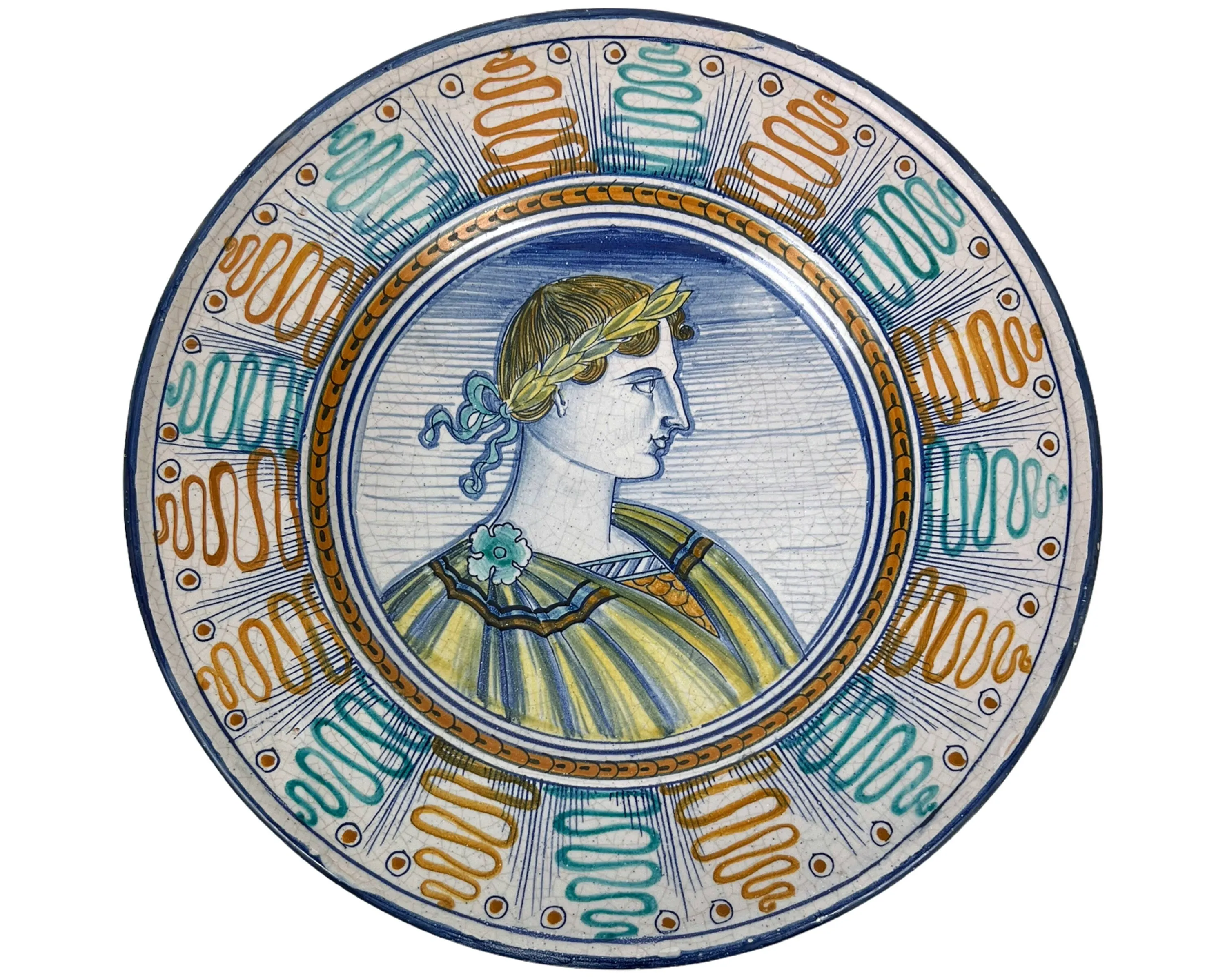 Vintage Italian Majolica Portrait Plate Charger Unsigned Deruta Style 12.75