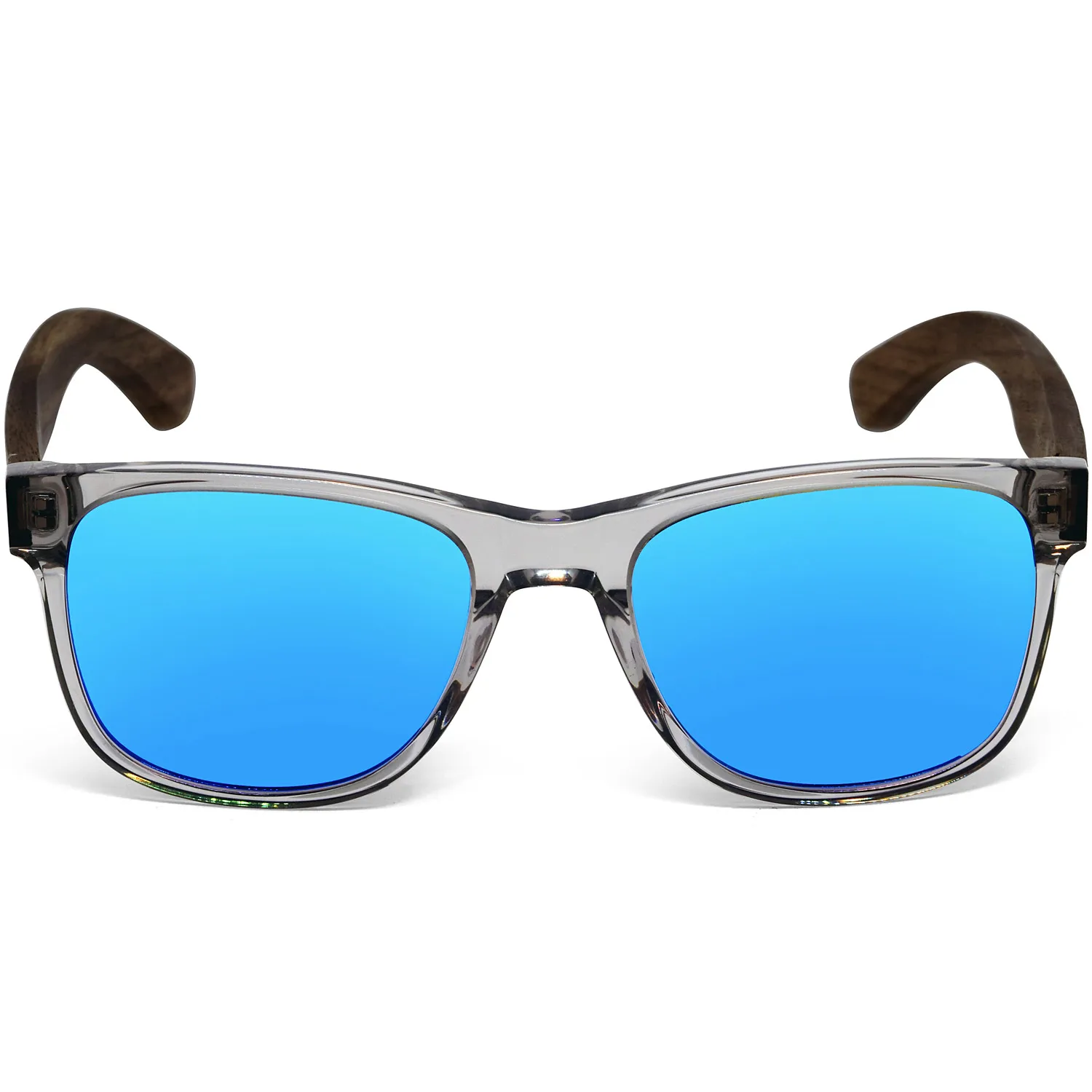 Walnut wood classic style sunglasses with semi-transparent grey frame and blue mirrored polarized lenses