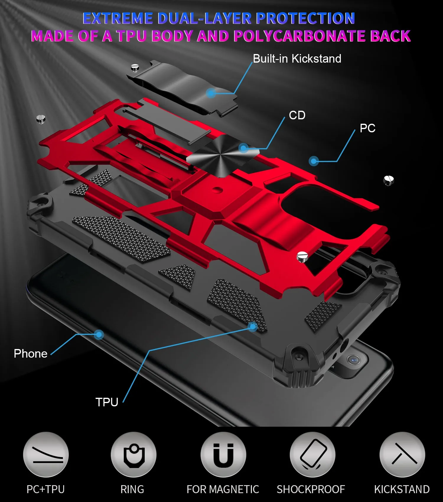 Wiko Ride 3 Case [Military Grade] Ring Car Mount Kickstand w/[Tempered Glass] Hybrid Hard PC Soft TPU Shockproof Protective Case - Red