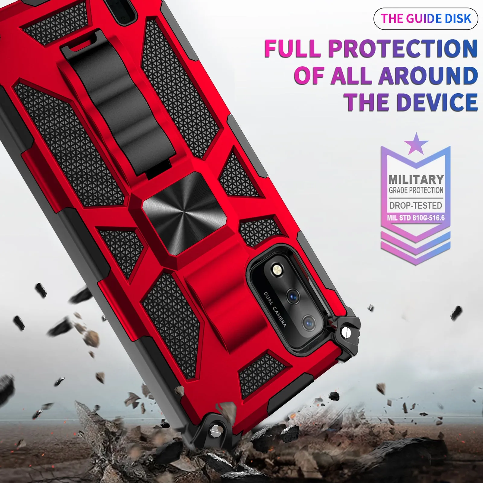 Wiko Ride 3 Case [Military Grade] Ring Car Mount Kickstand w/[Tempered Glass] Hybrid Hard PC Soft TPU Shockproof Protective Case - Red