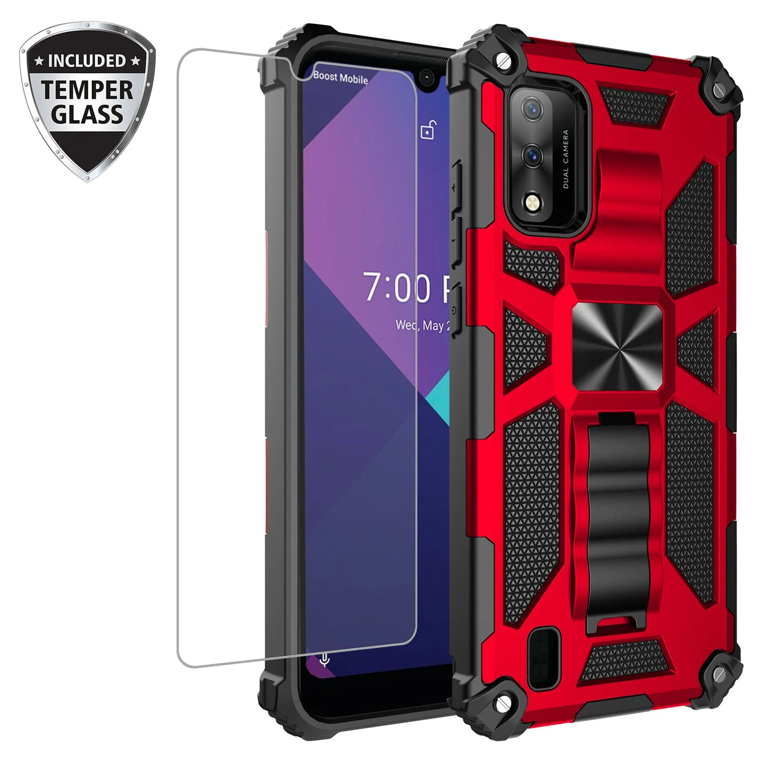 Wiko Ride 3 Case [Military Grade] Ring Car Mount Kickstand w/[Tempered Glass] Hybrid Hard PC Soft TPU Shockproof Protective Case - Red