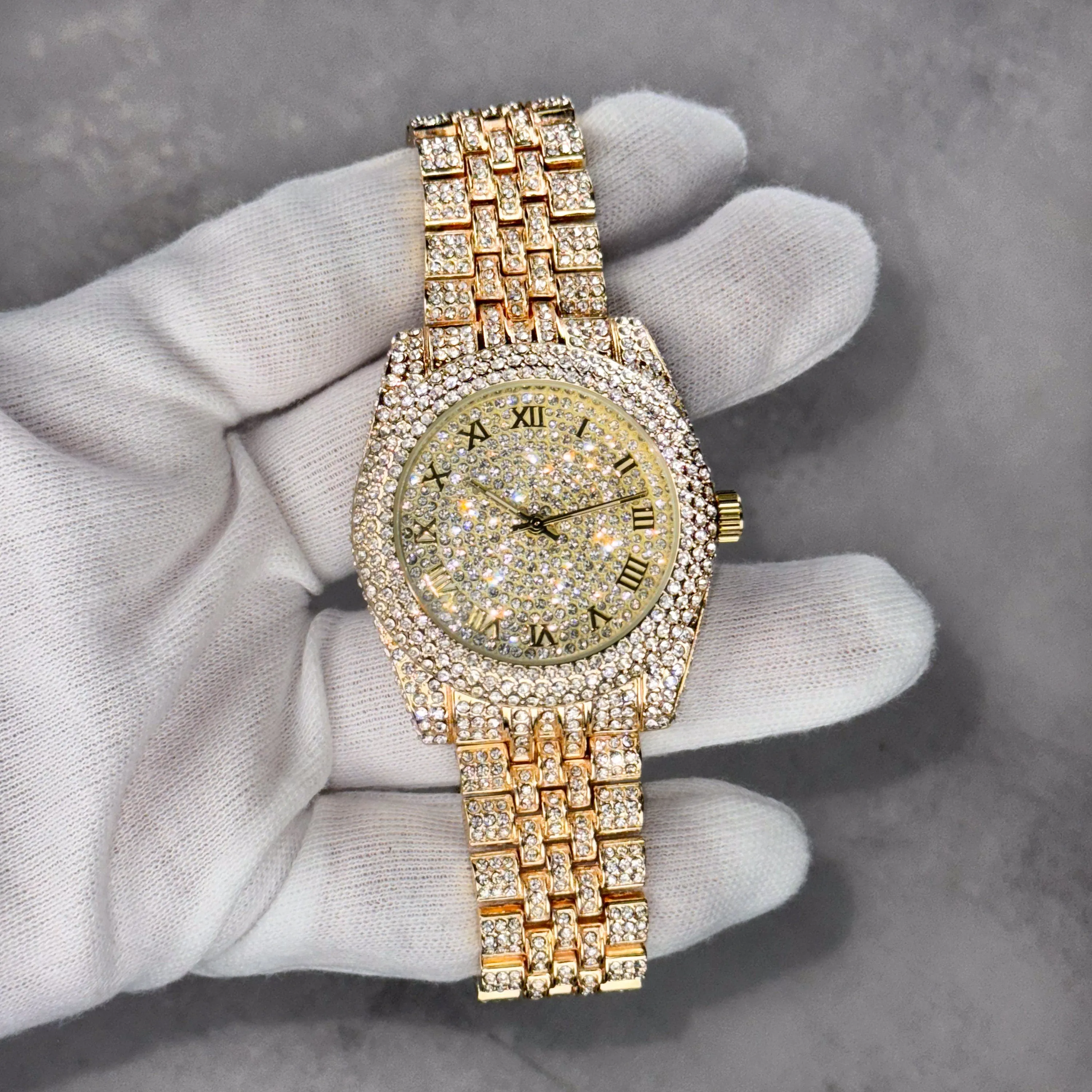 Women's 42mm Diamond Watch with Bling-ed Roman Dial - Quartz Movement