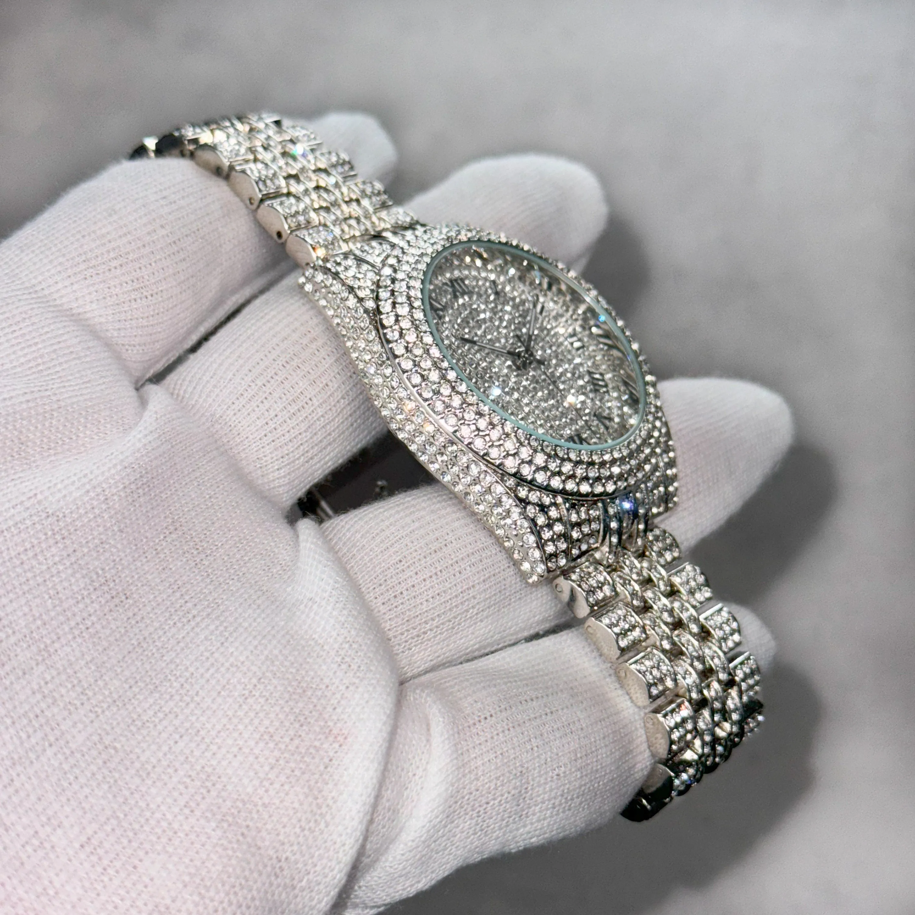 Women's 42mm Diamond Watch with Bling-ed Roman Dial - Quartz Movement