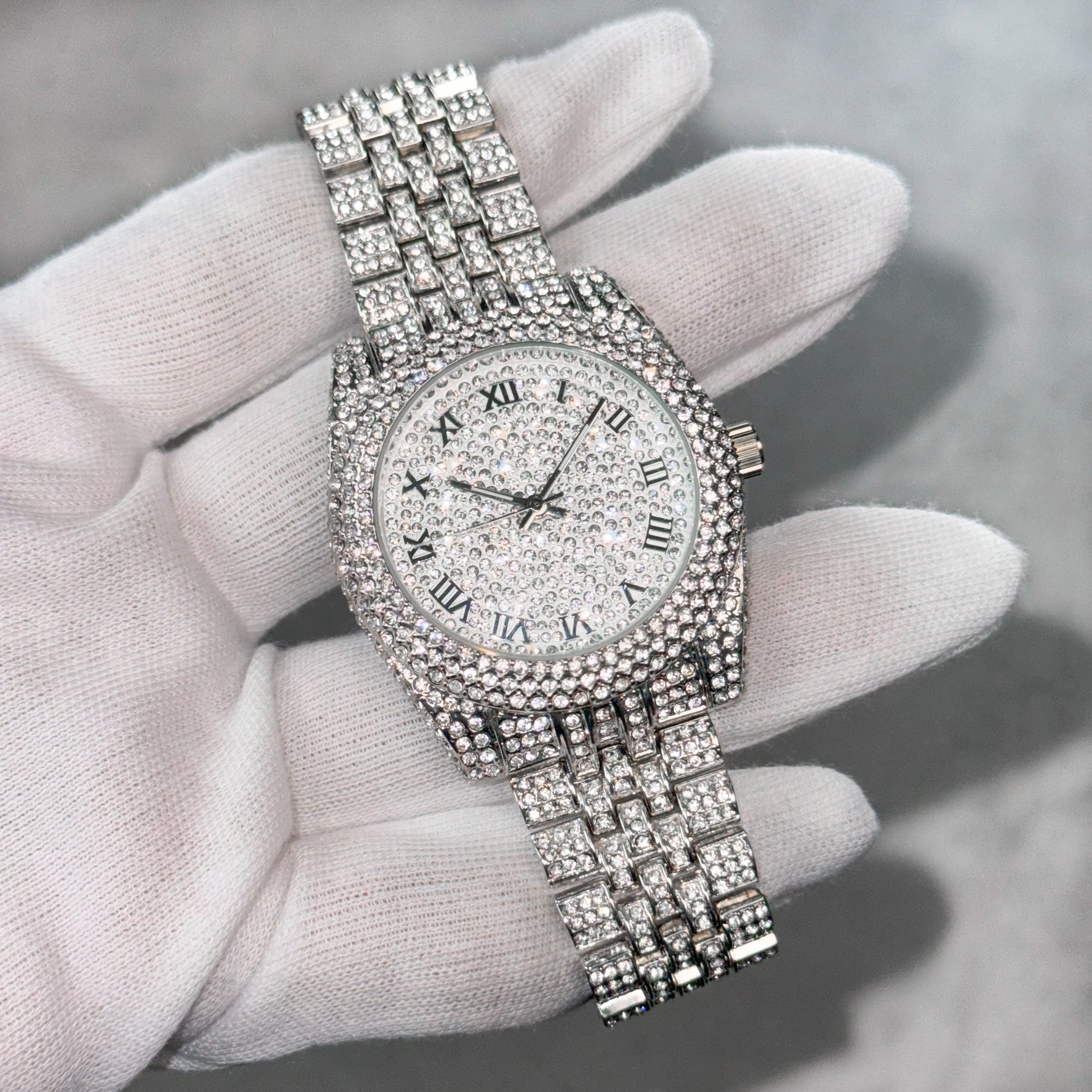 Women's 42mm Diamond Watch with Bling-ed Roman Dial - Quartz Movement