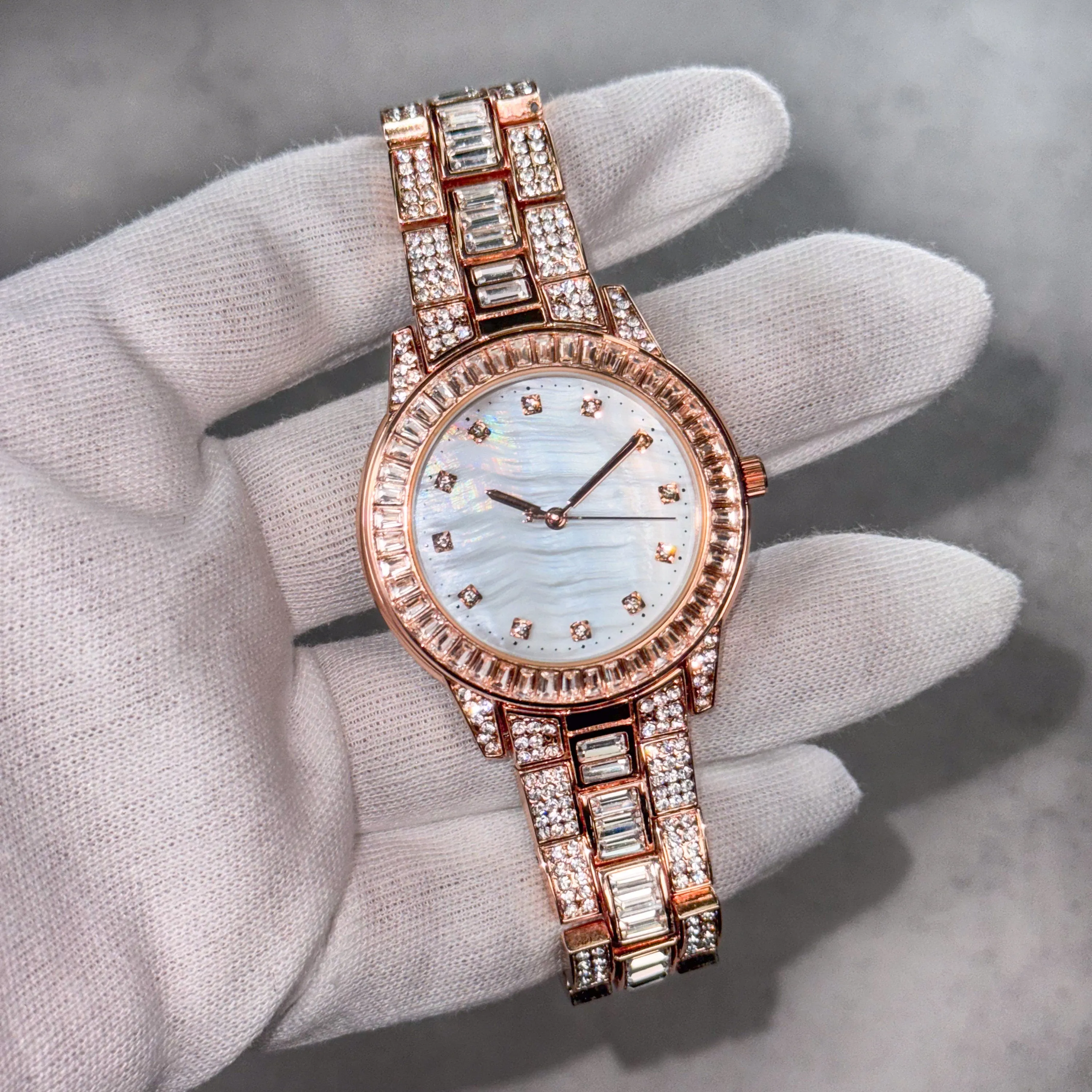 Women's Diamond Rose Gold Watch 40mm Case with Baguette Crystals on Bezel - Quartz Movement