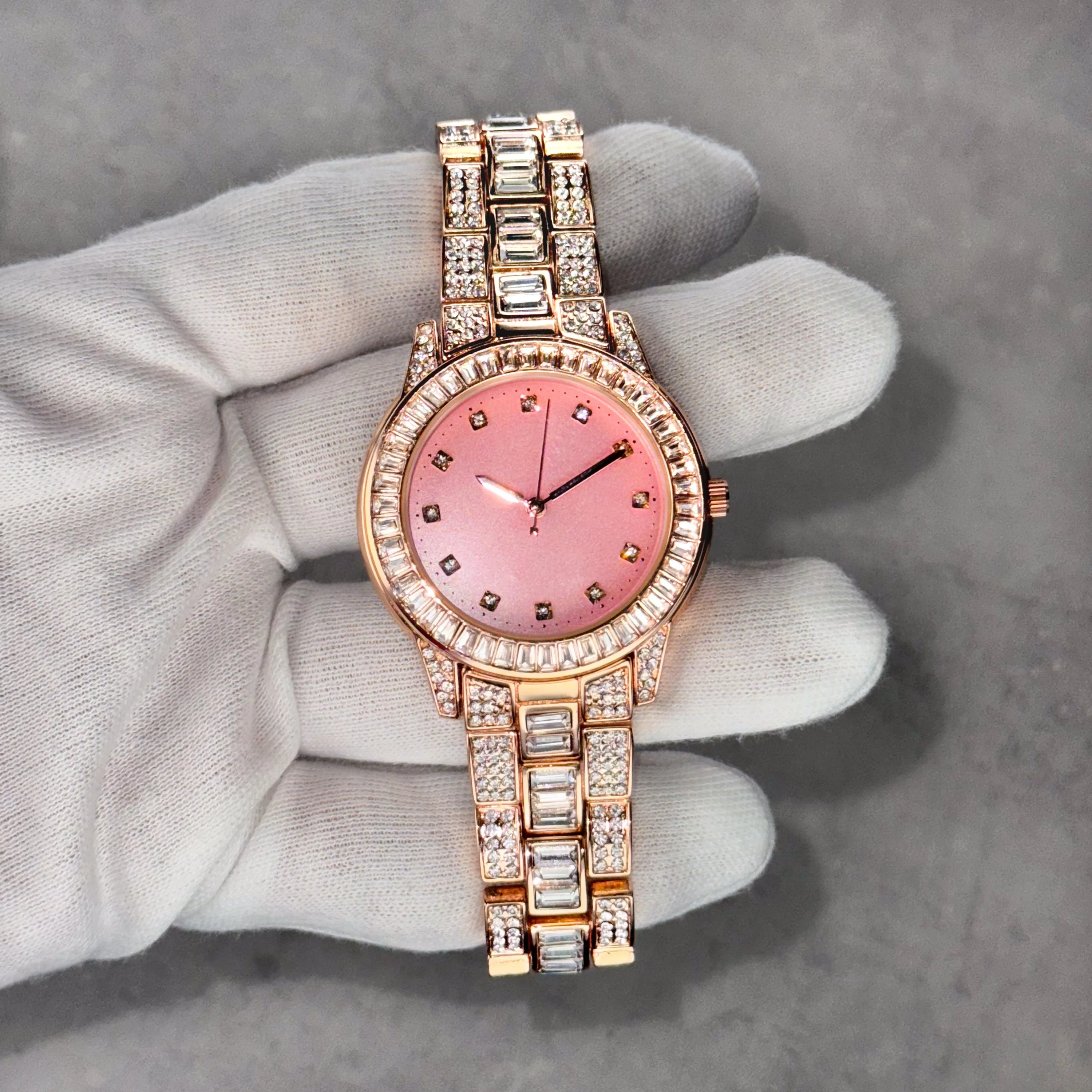 Women's Diamond Rose Gold Watch 40mm Case with Baguette Crystals on Bezel - Quartz Movement